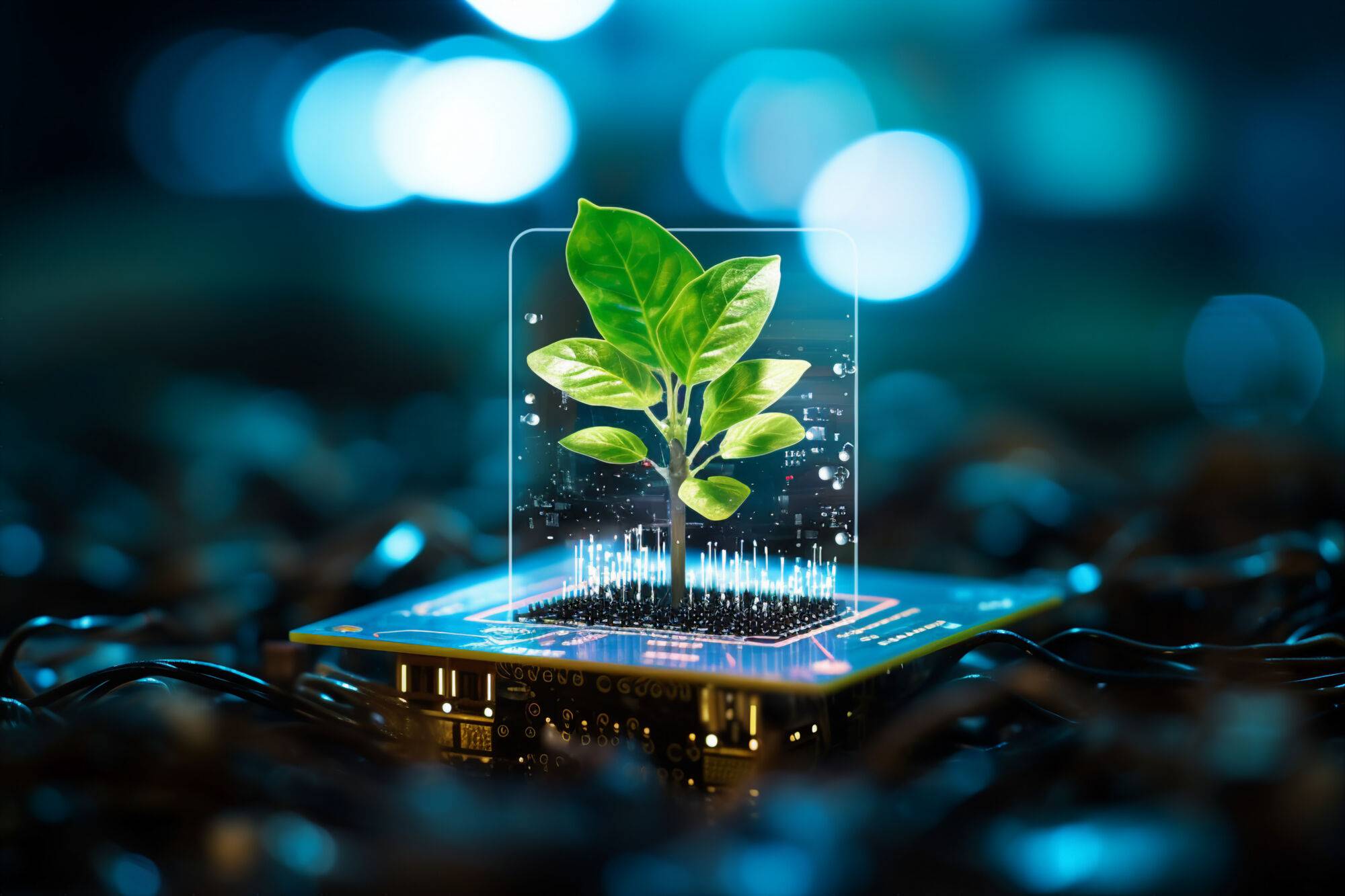 Concept de technologie verte avec une pousse de plante émergeant d'une carte de circuit imprimé.