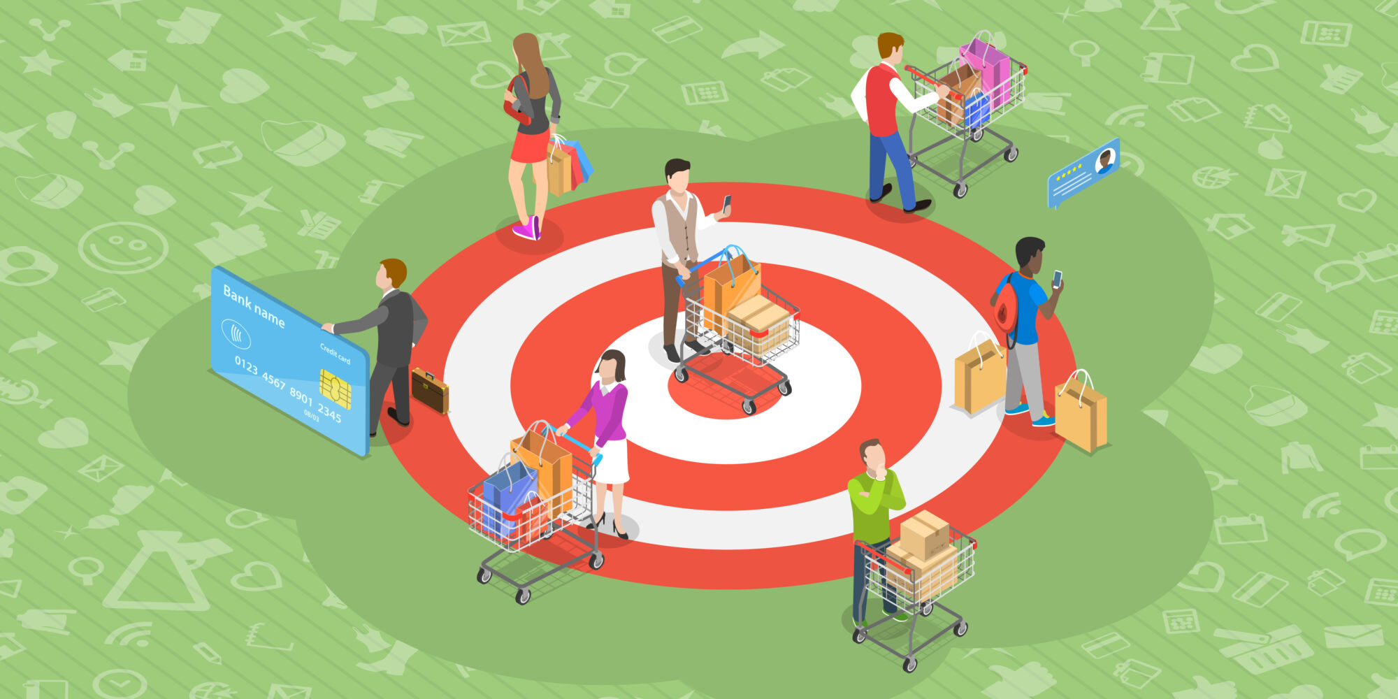 ADOBESTOCK_316957902 | Cekome Illustration de personnes avec des chariots de supermarché sur une cible, concept de clientèle ciblée et de marketing.