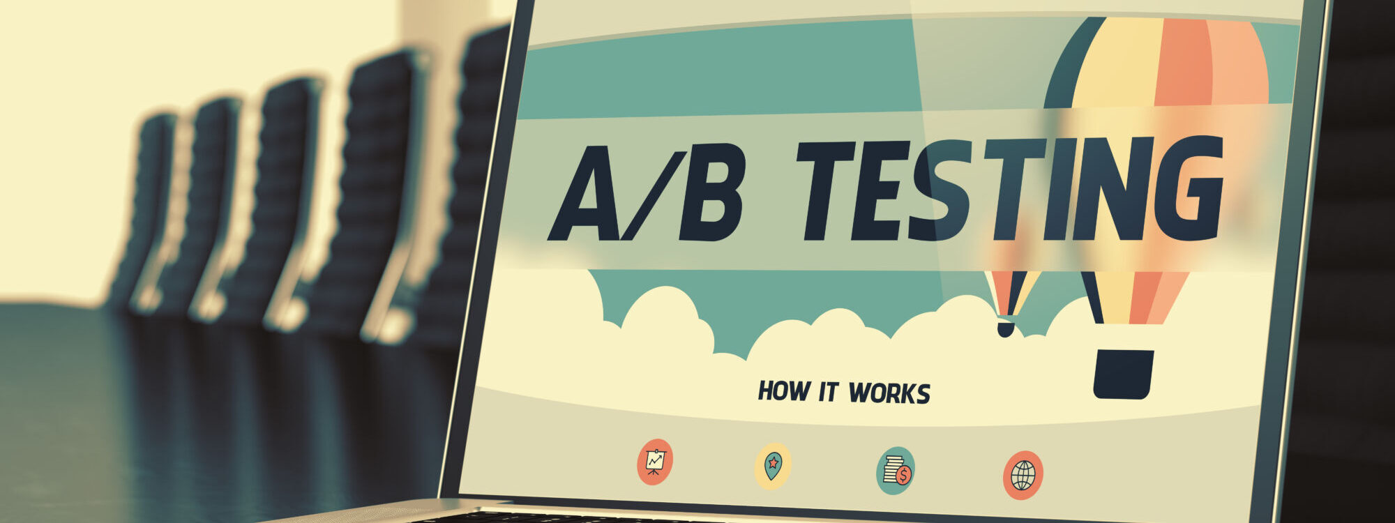 Ordinateur portable affichant une page explicative sur le test A/B dans une salle de conf&eacute;rence.