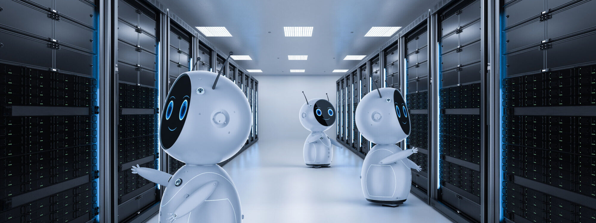 ADOBESTOCK_267326844 2000X750 | Cekome Robots anthropomorphes dans un centre de données avec serveurs en arrière-plan.
