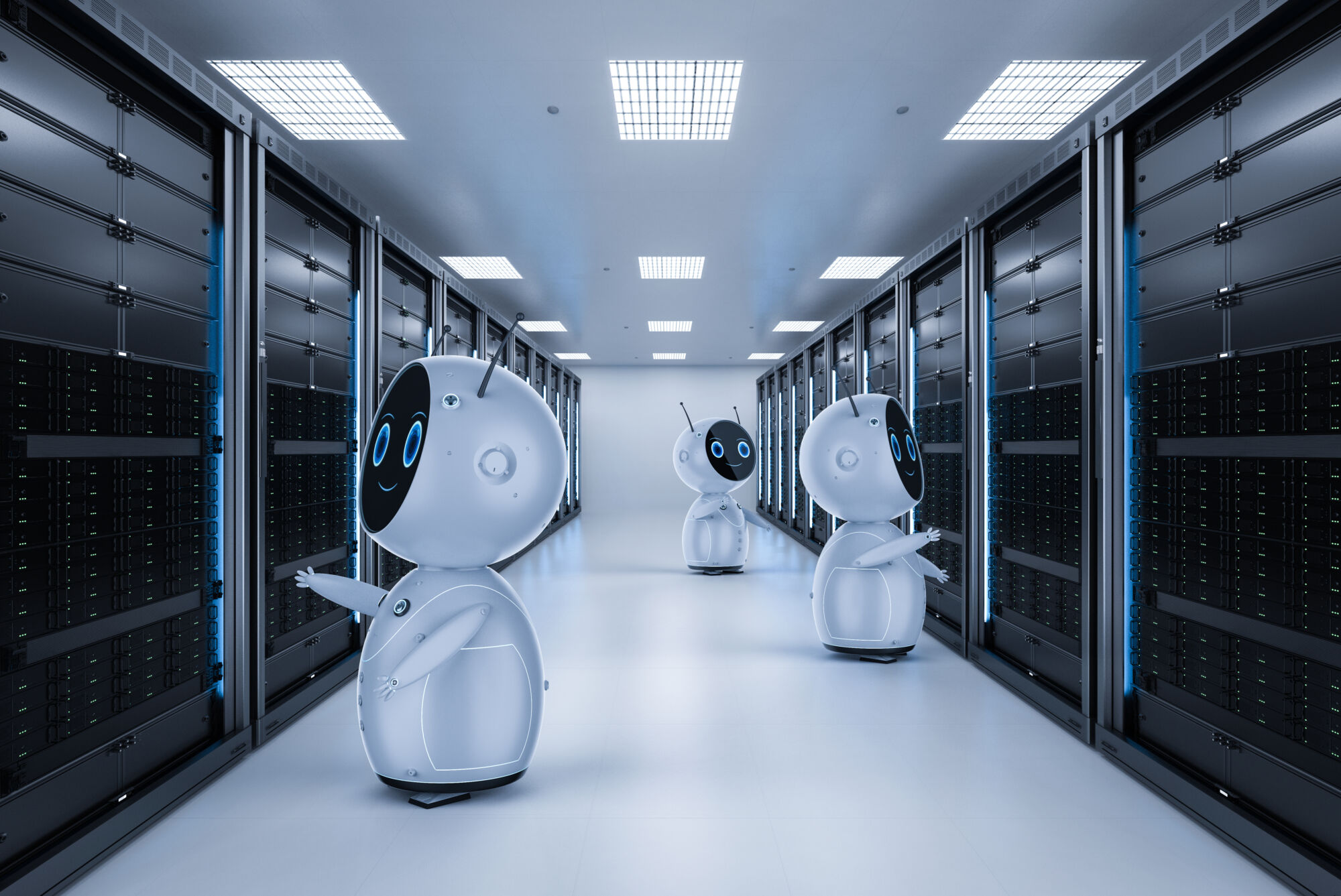 ADOBESTOCK_267326844 | Cekome Robots anthropomorphes dans un centre de données avec serveurs en arrière-plan.