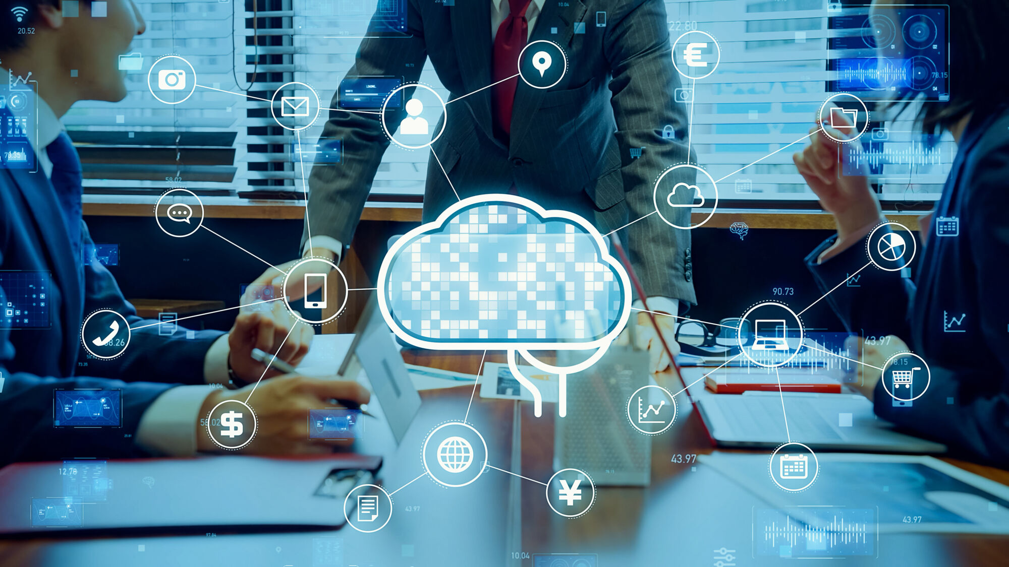 ADOBESTOCK_564464753 | Cekome Réunion professionnelle avec infographie de cloud computing et de données financières en réalité augmentée