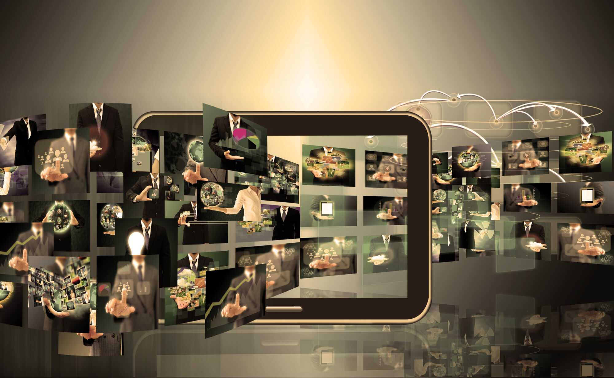 ADOBESTOCK_66190668 | Cekome Représentation visuelle de concepts numériques et technologiques s'échappant d'un smartphone