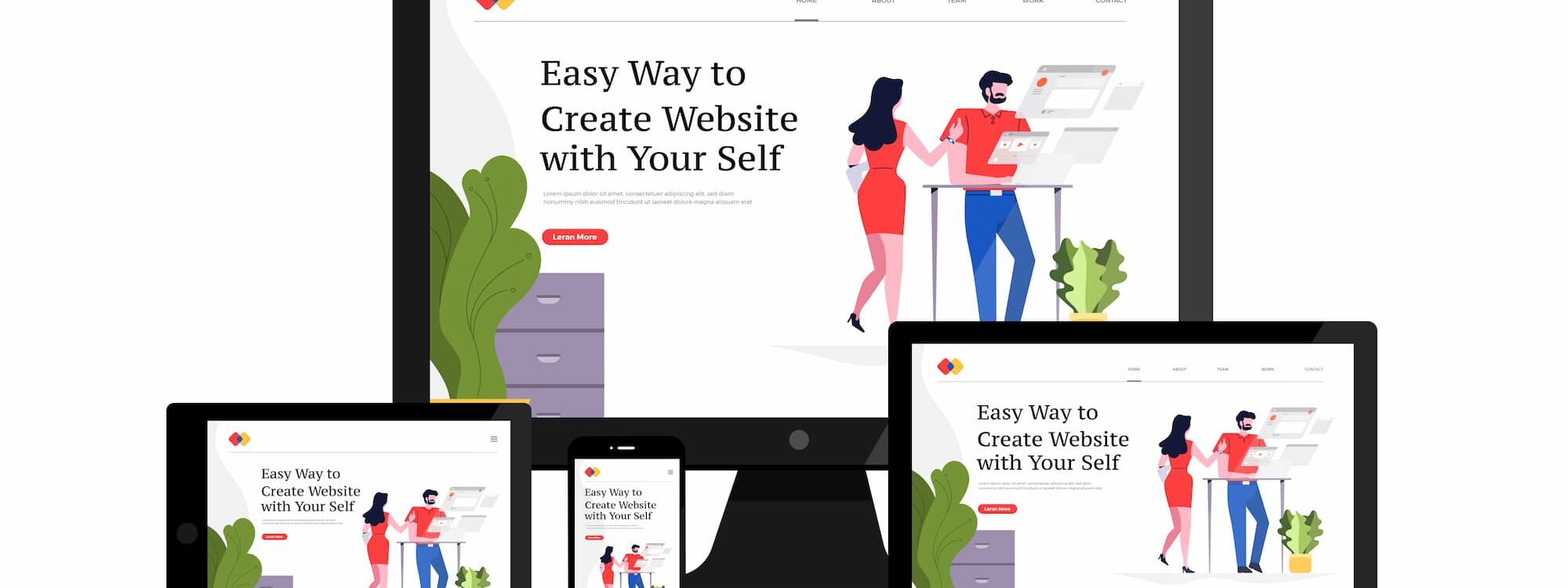 Dispositifs &eacute;lectroniques montrant un site web &eacute;ducatif sur la cr&eacute;ation de sites web, pr&eacute;sent&eacute;s sur un bureau.