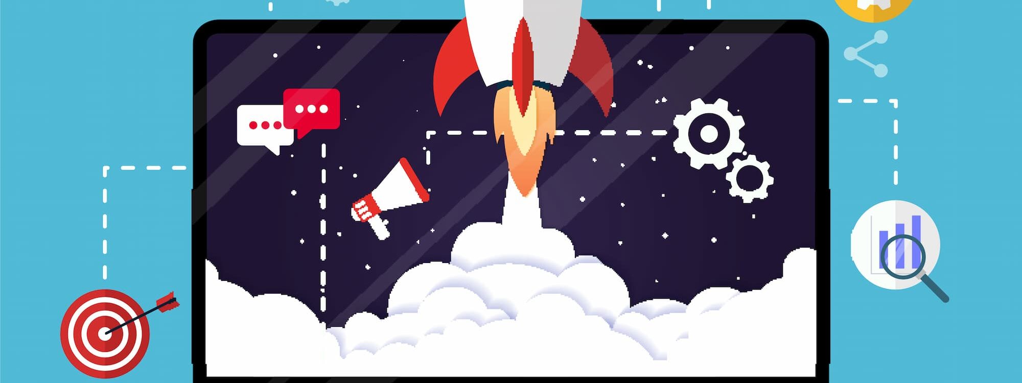 Illustration sur un &eacute;cran d'ordinateur d'une fus&eacute;e d&eacute;collant symbolisant le lancement et le marketing d'une entreprise.