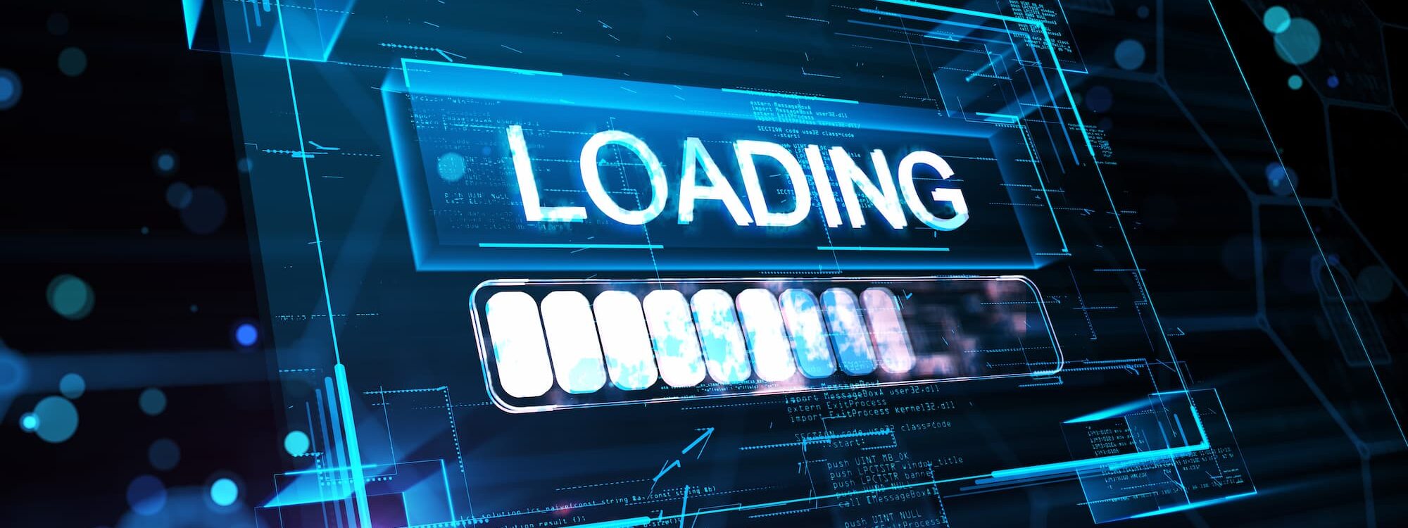 Barre de chargement dans un style futuriste sur fond de circuits num&eacute;riques et de donn&eacute;es en flux.