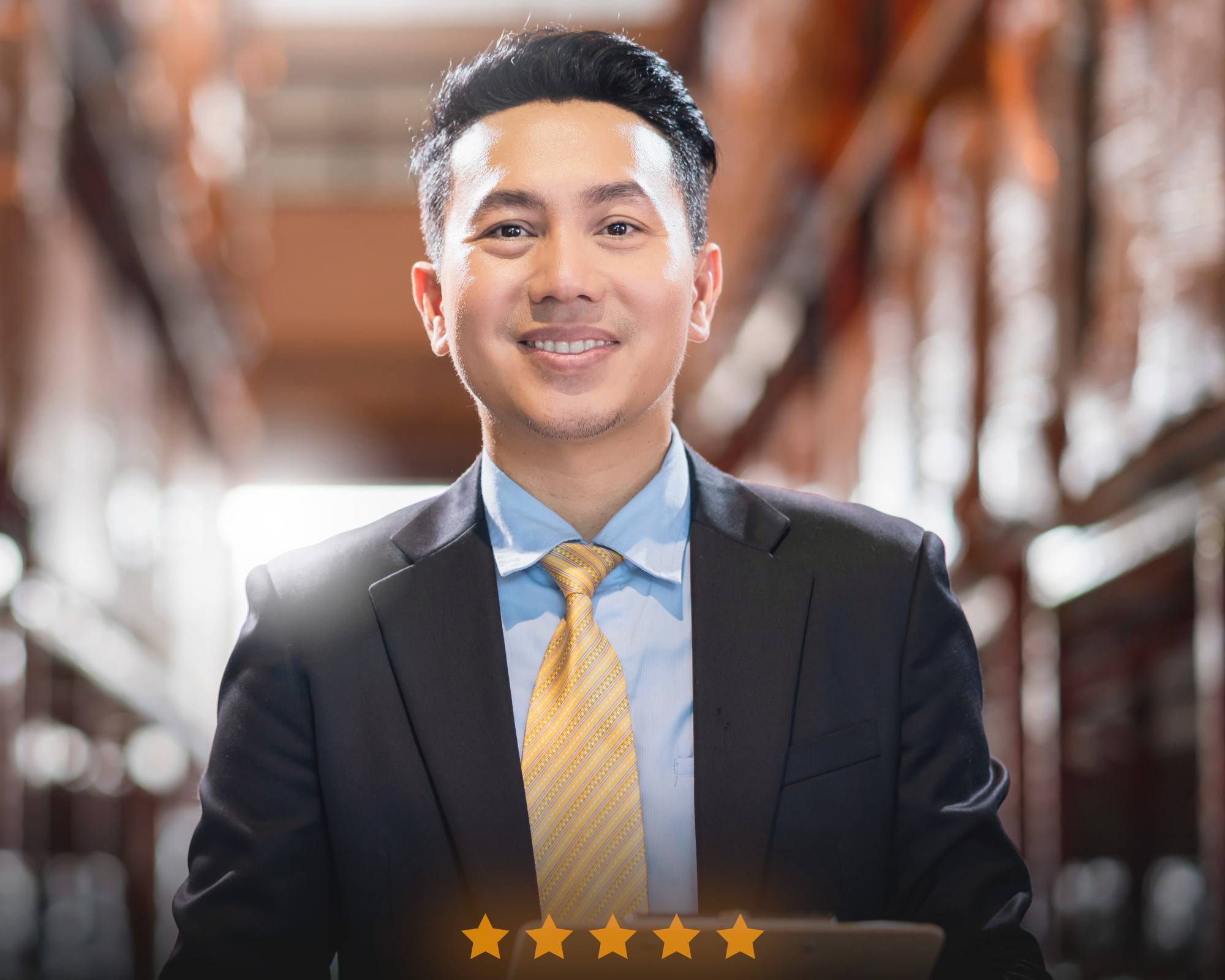 Homme d'affaires souriant avec cravate jaune et cinq étoiles de satisfaction client.