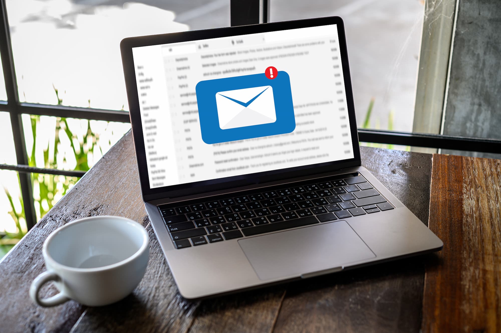 ADOBESTOCK_275377726 | Cekome Ordinateur portable sur un bureau en bois avec une tasse à café, affichant une notification d'email urgent.
