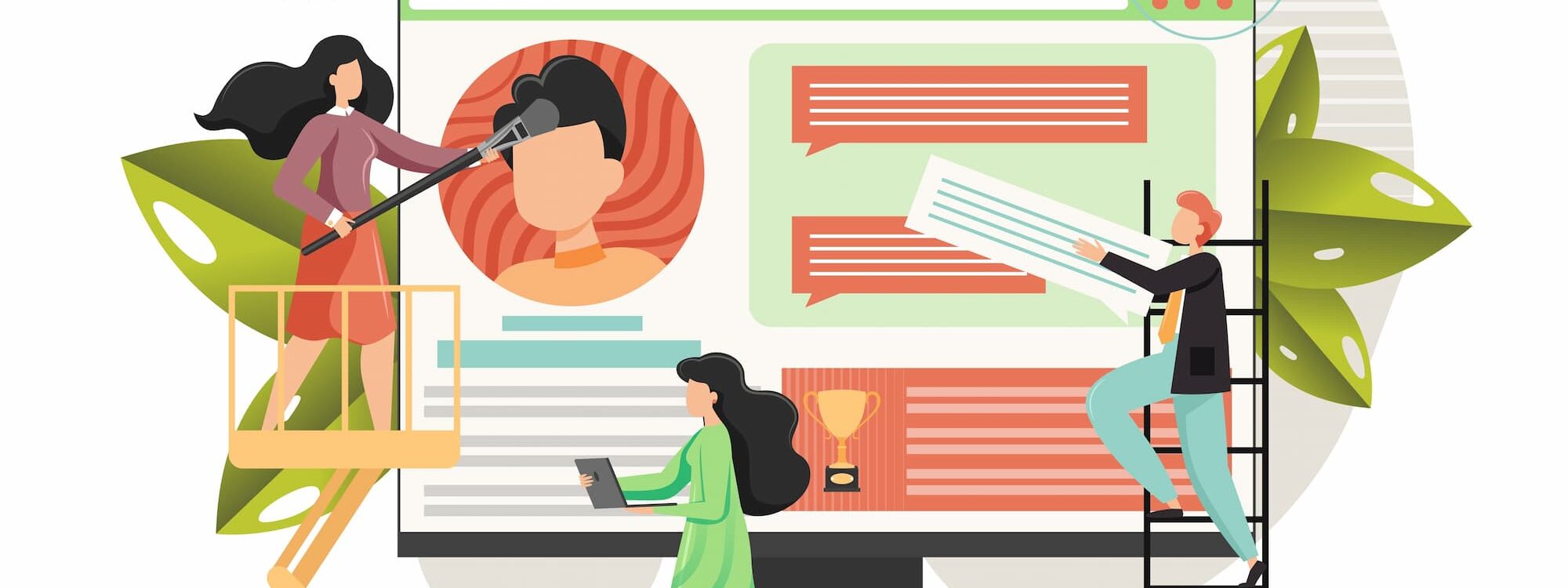 &Eacute;quipe de conception web travaillant sur un site internet avec des personnages anim&eacute;s et des &eacute;l&eacute;ments graphiques modernes