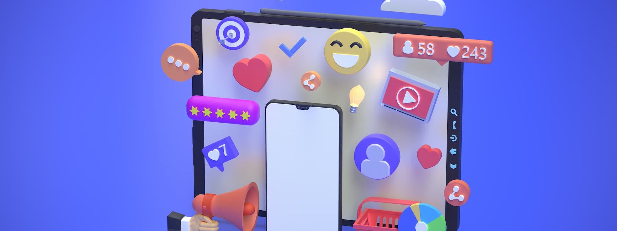 Tablette et smartphone avec des ic&ocirc;nes de r&eacute;seaux sociaux et de marketing sur un fond bleu vibrant.