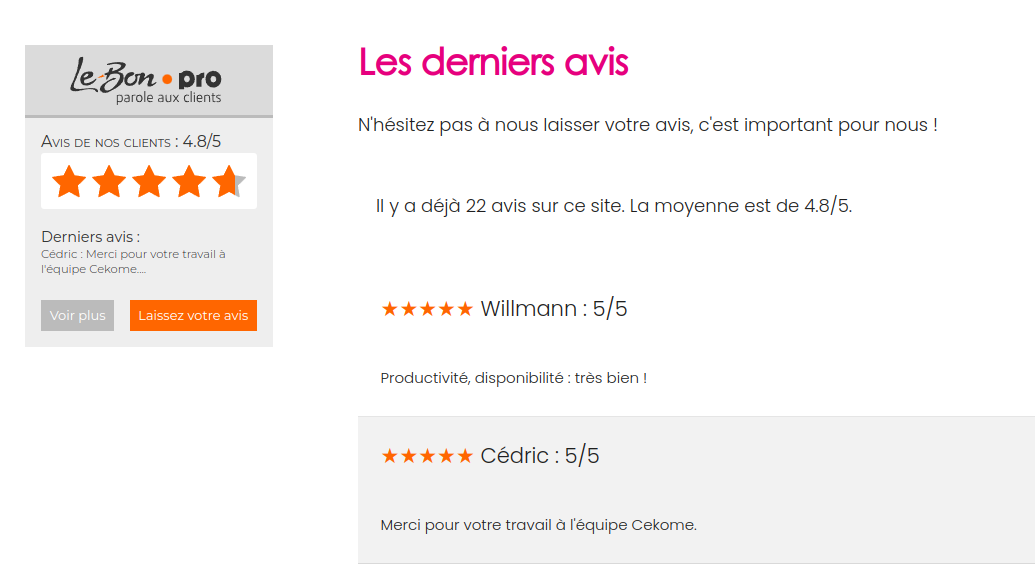 CAPTURE DECRAN DU 2024 04 05 12 34 32 | Cekome Capture d'écran d'un site web affichant des avis clients positifs avec des étoiles.