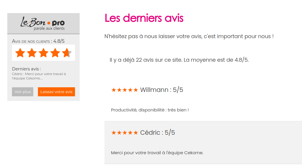 Capture d'écran d'un site web affichant des avis clients positifs avec des étoiles.