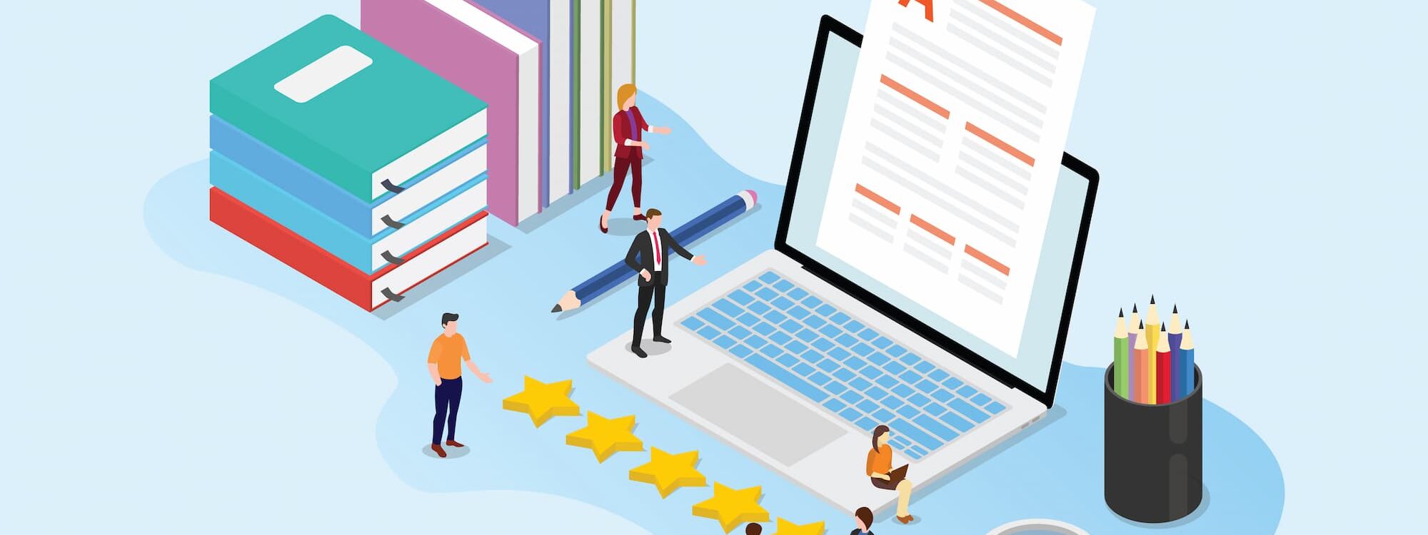 Personnages travaillant sur et autour d'un ordinateur portable g&eacute;ant avec des livres et des ic&ocirc;nes &eacute;toiles.