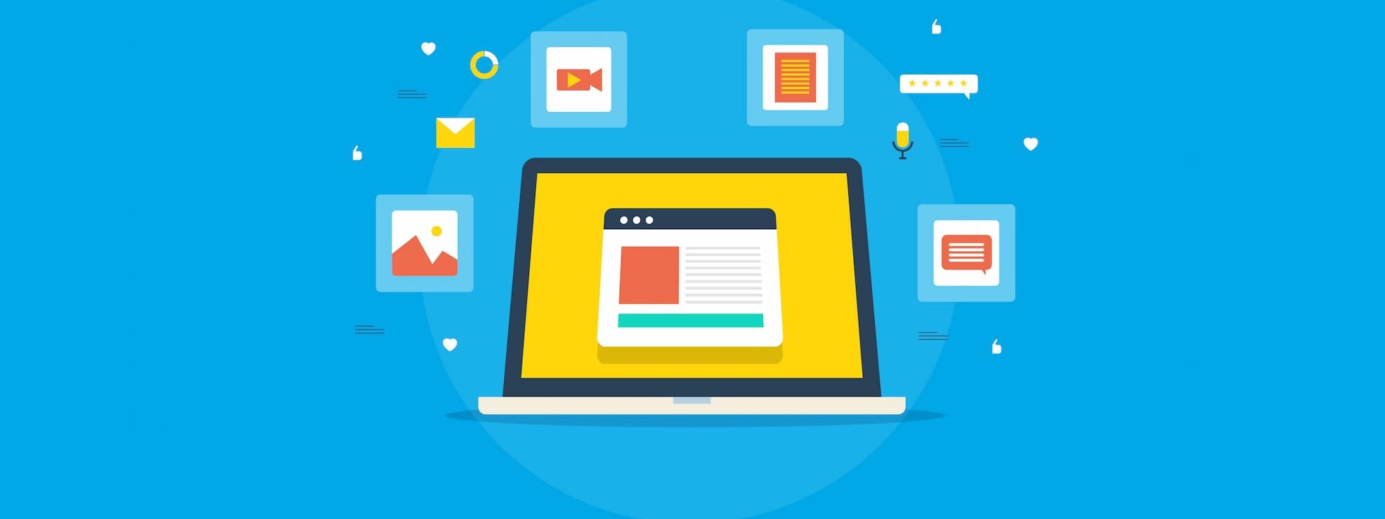 ADOBESTOCK_432609427 2000X750 | Cekome Vue d'un ordinateur portable avec des icônes flottantes de médias sociaux et de communication sur fond bleu.