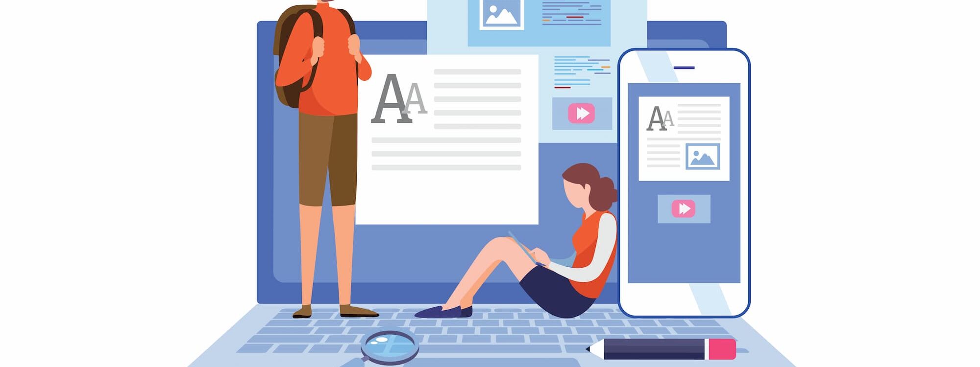 Deux personnes utilisant des appareils numériques devant un grand écran d'ordinateur portable affichant du contenu multimédia.