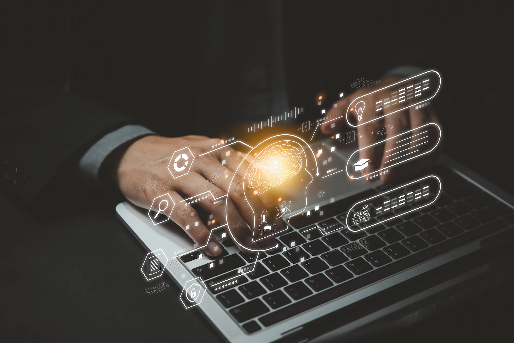 ADOBESTOCK_567267062 | Cekome Mains tapant sur un clavier avec des icônes de technologie et d'intelligence artificielle