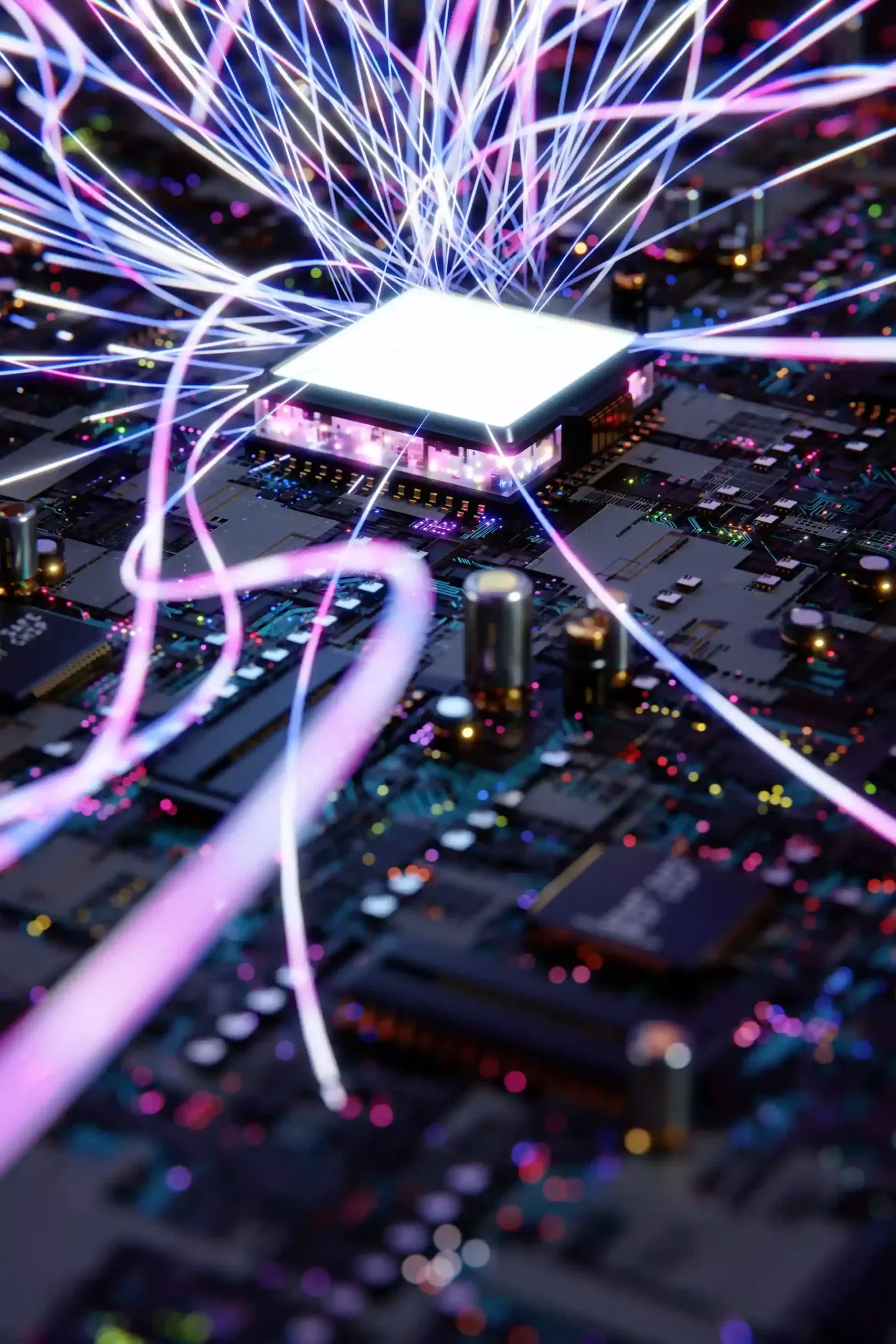 ADOBESTOCK_437184301_11ZON SCALED | Cekome Processeur informatique avec des faisceaux lumineux symbolisant le transfert de données