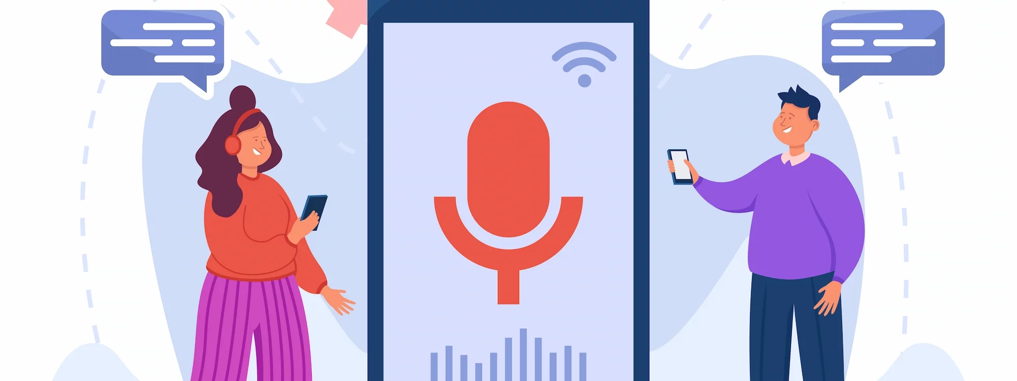 Illustration de deux personnes utilisant des smartphones avec une grande icône de microphone sur un écran de téléphone