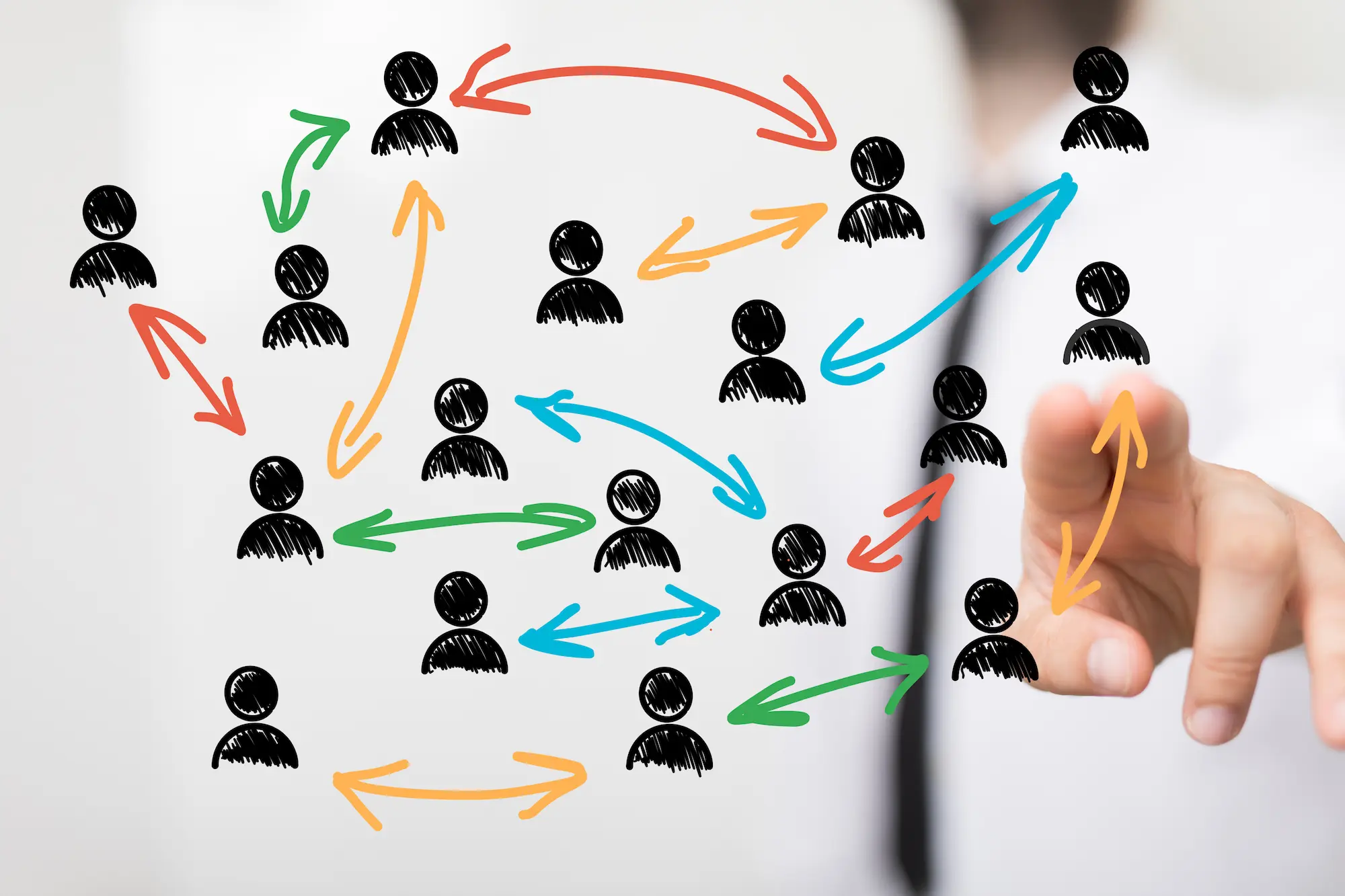 Schéma de connexions entre personnes avec des flèches colorées