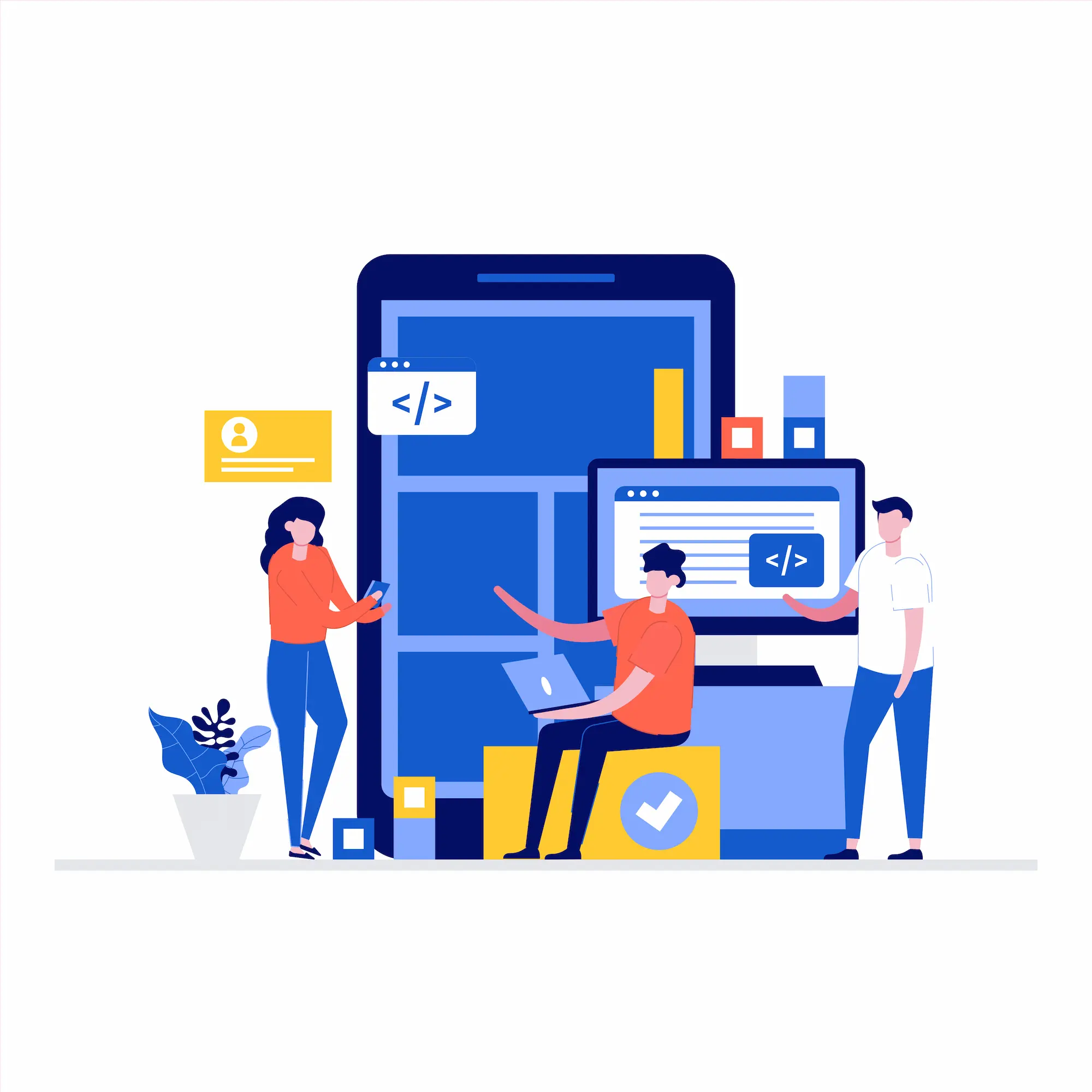 Illustration d'une équipe de développeurs travaillant sur des applications web