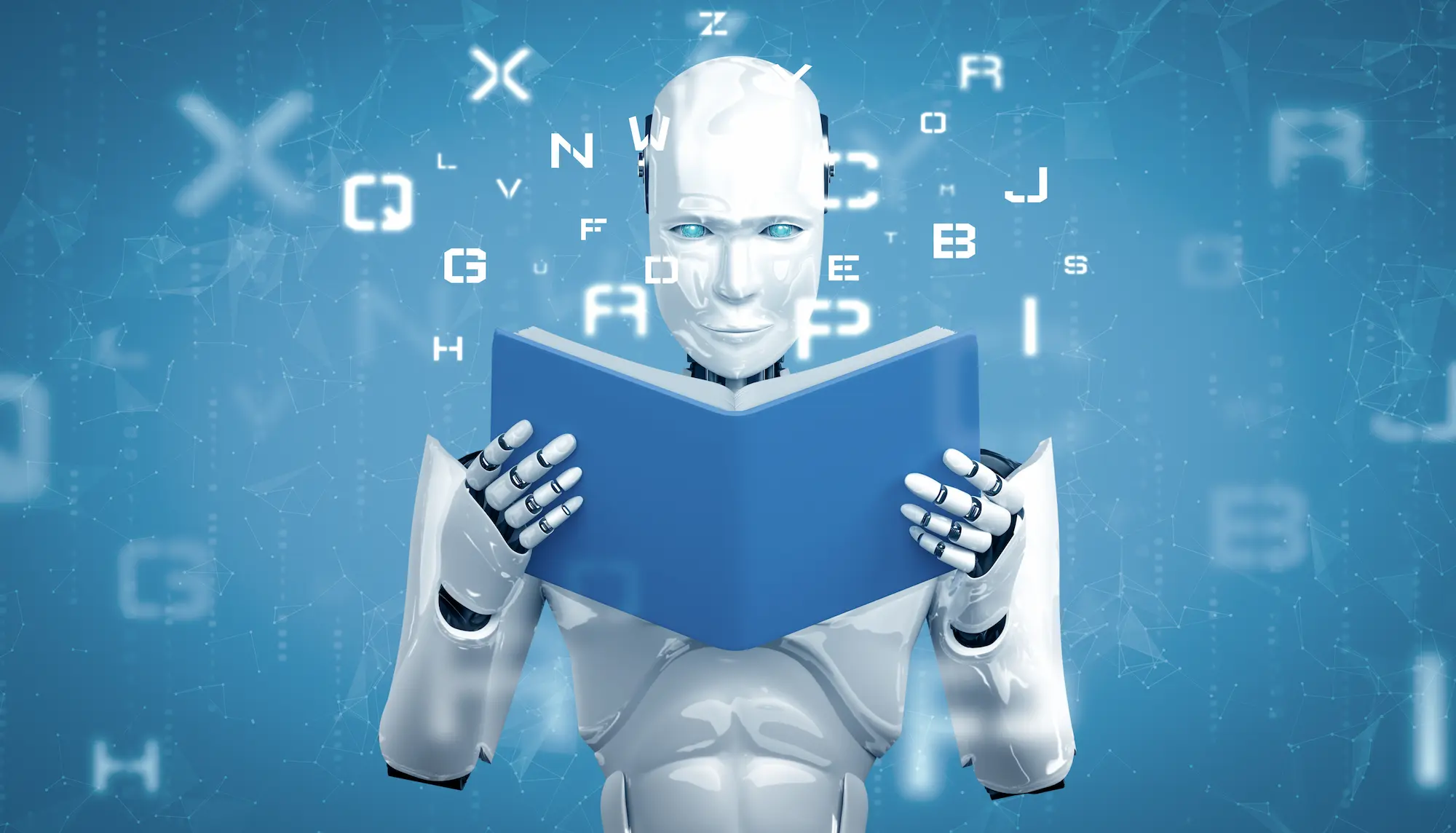 Robot humanoïde lisant un livre bleu avec des lettres flottantes en arrière-plan