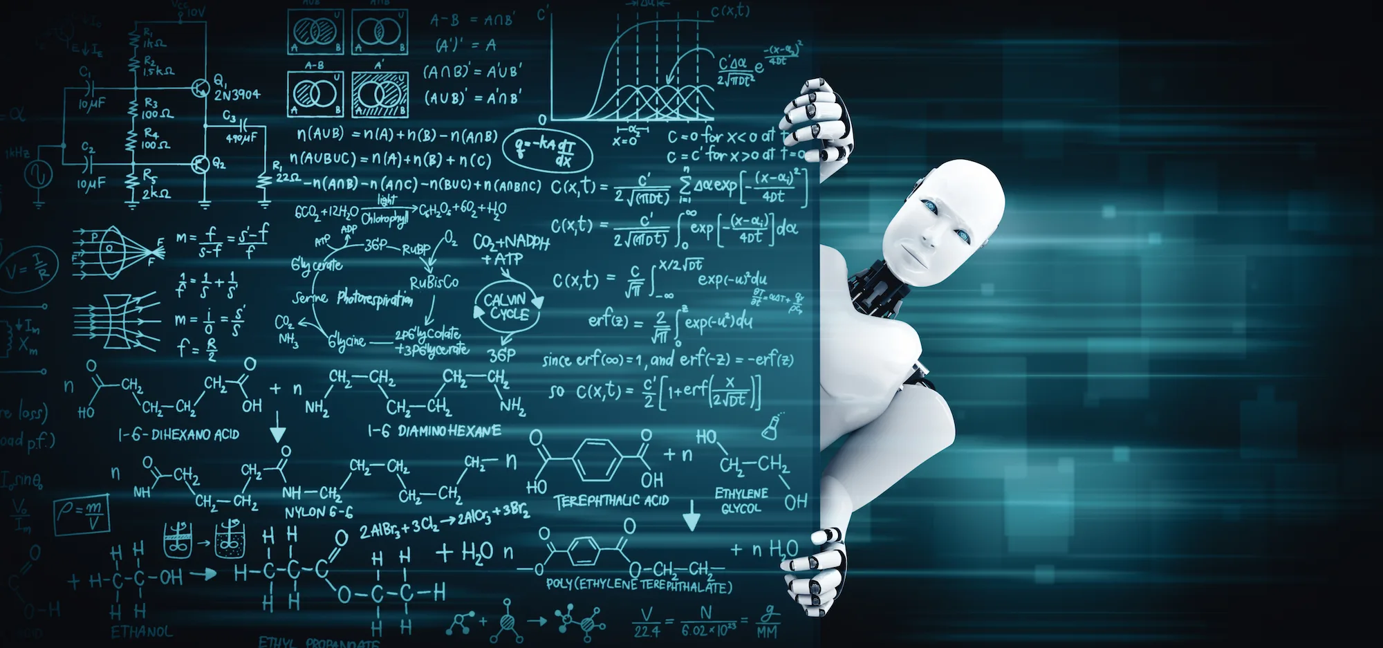 Robot humanoïde observant un tableau rempli de formules scientifiques et d'équations complexes
