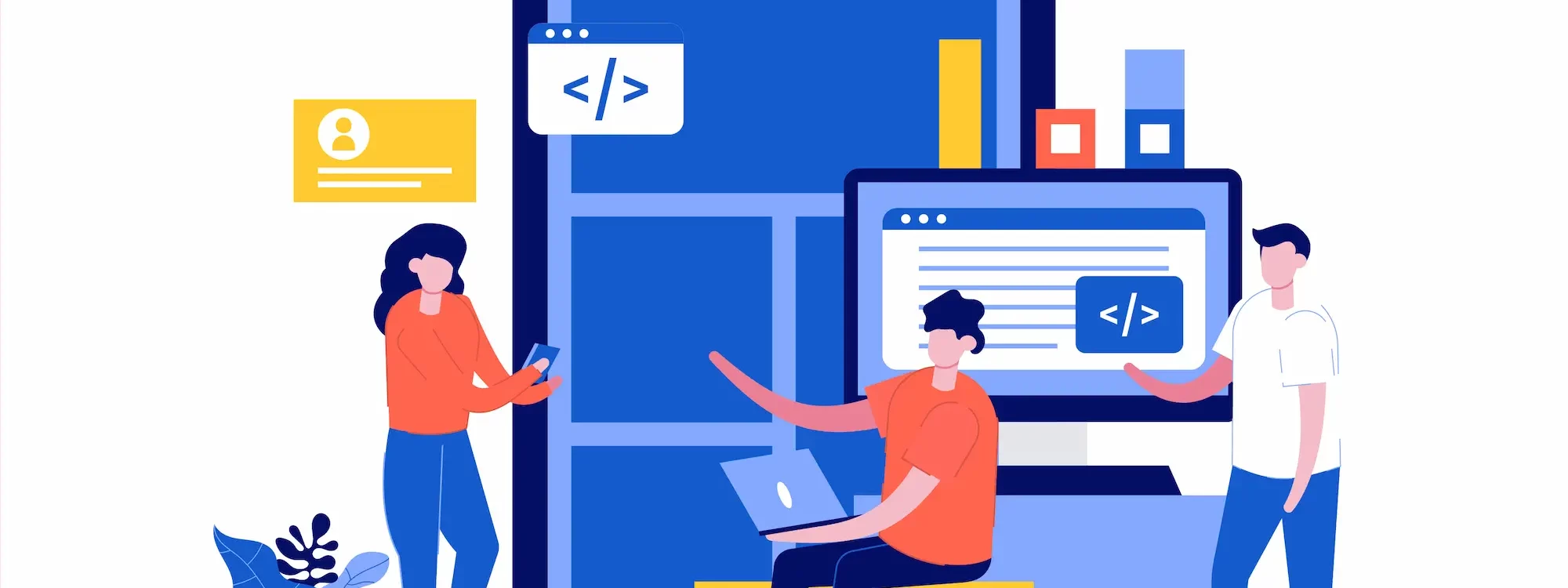 Illustration d'une équipe de développeurs travaillant sur des applications web