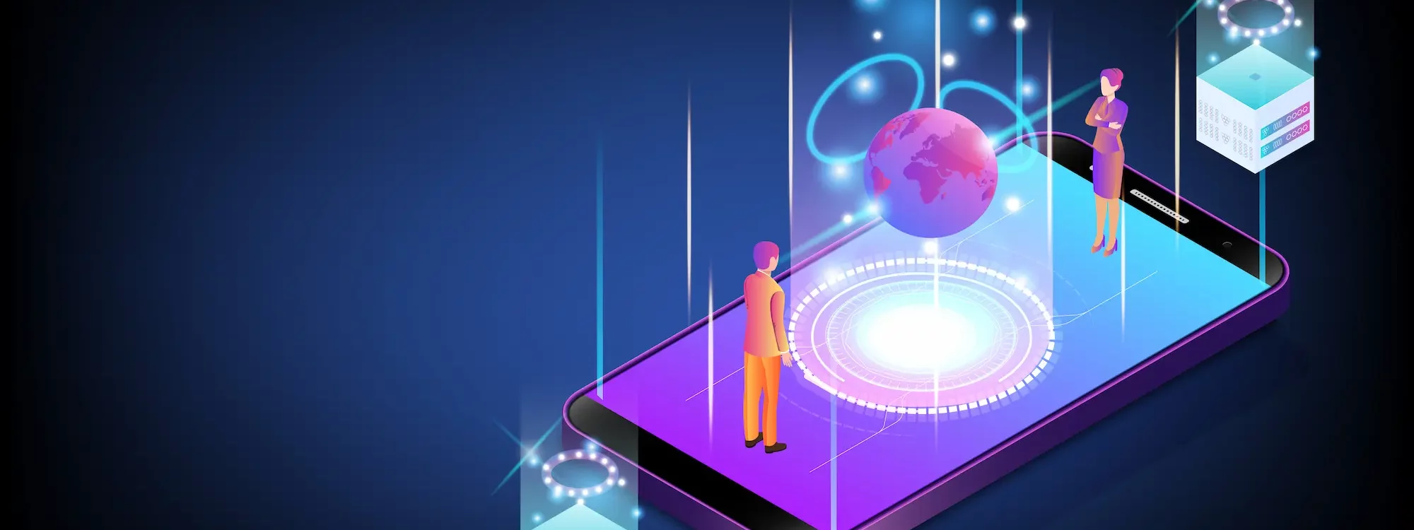Illustration 3D de personnes interagissant avec un hologramme de planète au-dessus d'un smartphone géant, symbolisant la technologie et la communication numérique.
