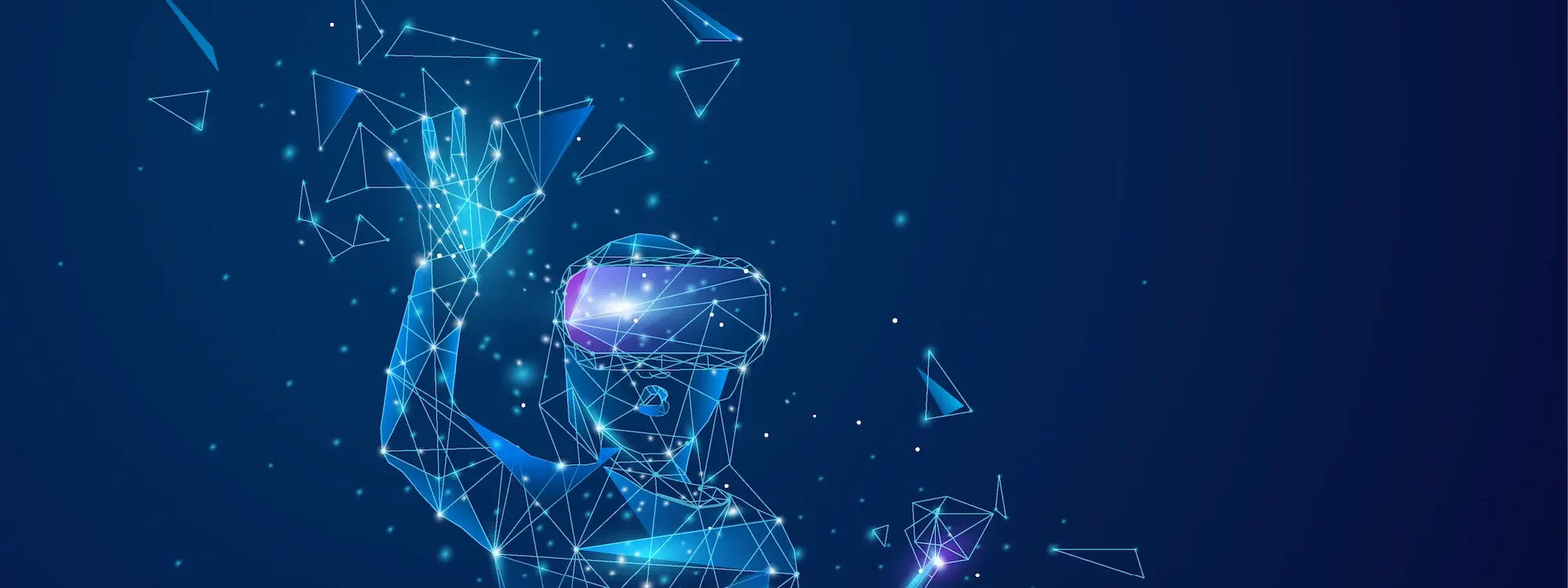 Illustration d'une personne en réalité virtuelle dans le métavers, entourée de formes géométriques lumineuses sur fond bleu.