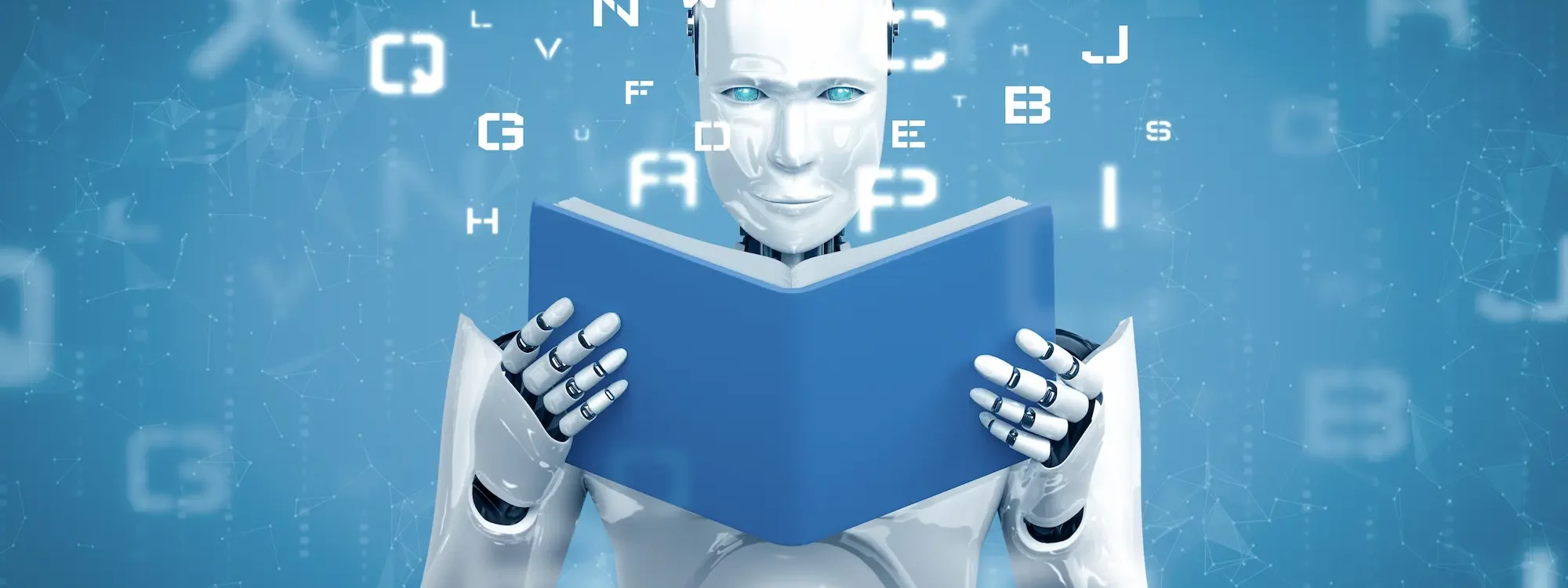 Robot humanoïde lisant un livre bleu avec des lettres flottantes en arrière-plan