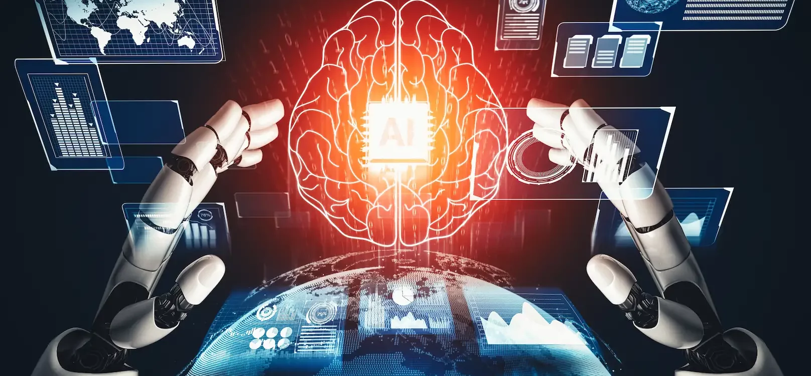 Robots manipulant un cerveau numérique symbolisant l'intelligence artificielle, avec des données et des cartes en arrière-plan