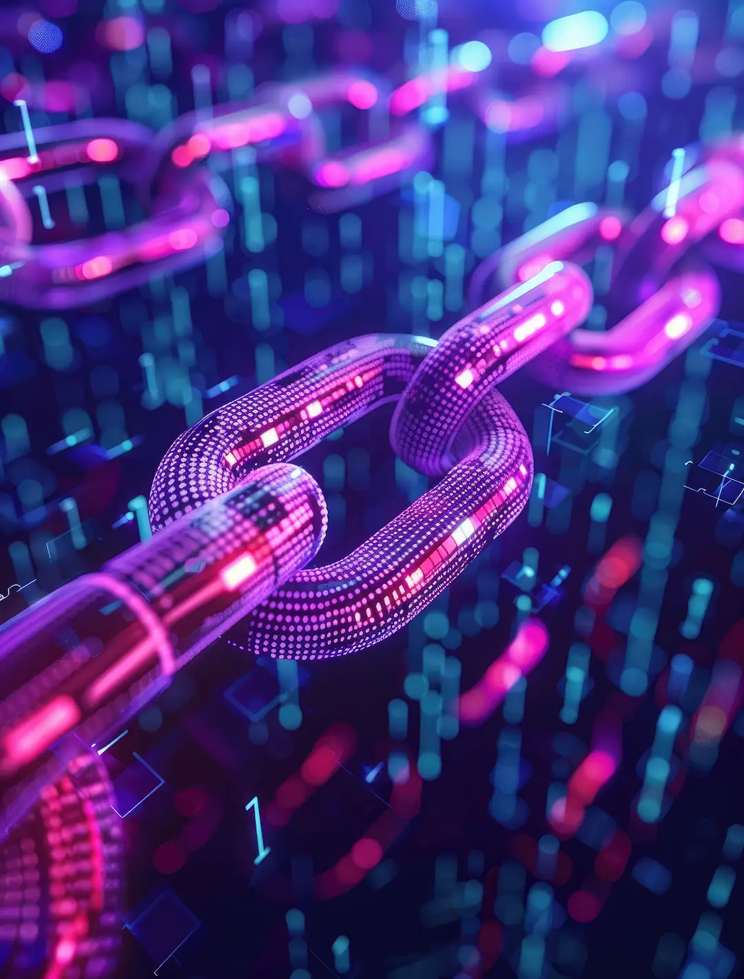 3D RENDERING BLOCKCHAIN TECHNOLOGY | Cekome Chaîne numérique lumineuse en rose et bleu symbolisant la blockchain et la connectivité sécurisée.