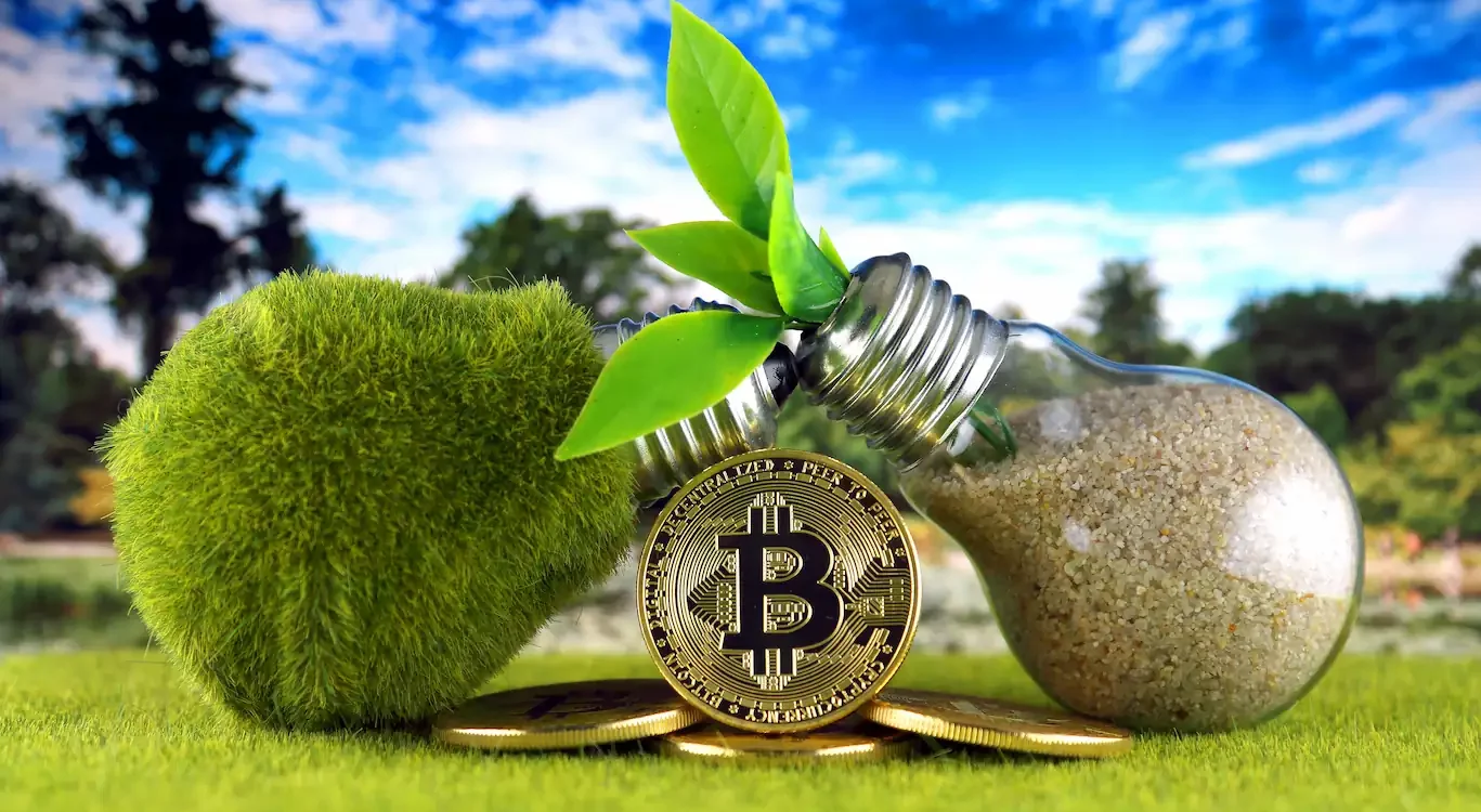 ADOBESTOCK_265329550 1367X750 | Cekome Pièce de bitcoin entourée d'une ampoule remplie de sable et d'une autre recouverte de mousse verte, avec une pousse verte, sur fond de nature et ciel bleu.