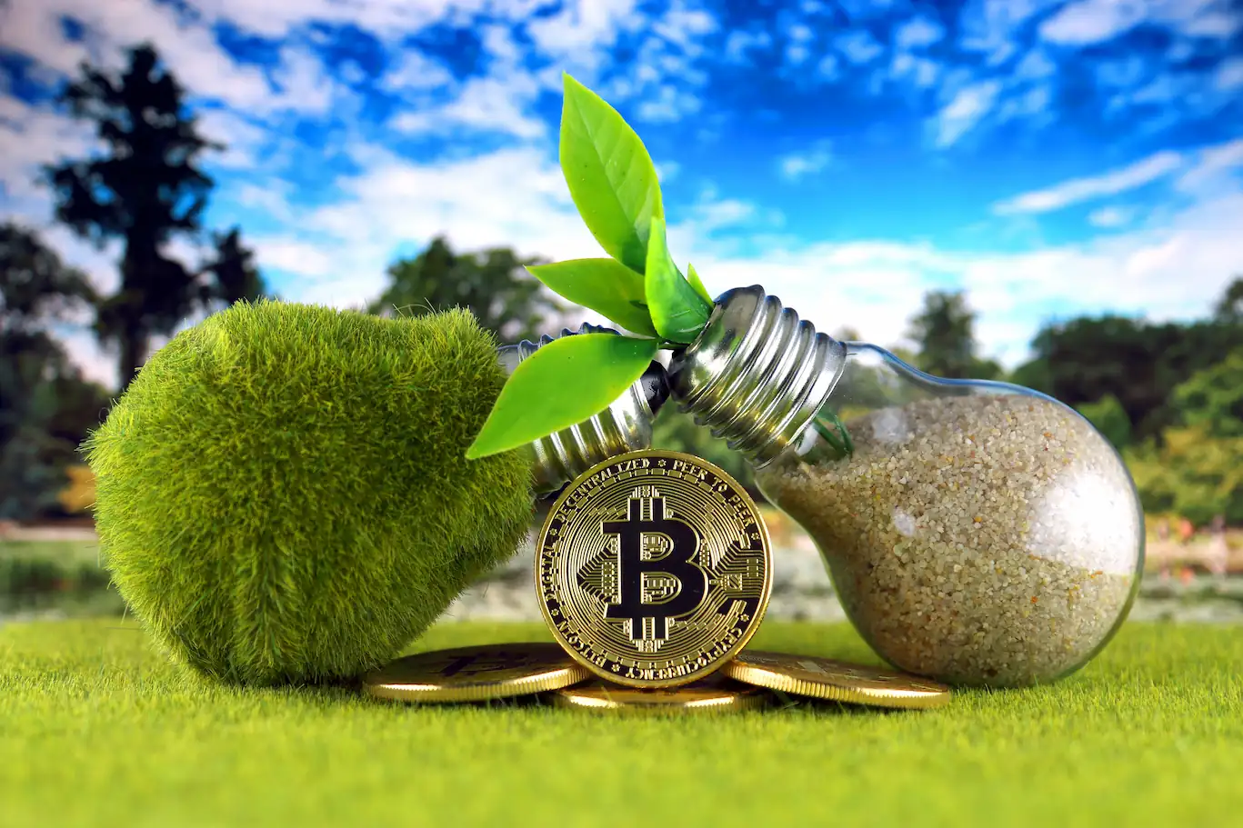 Pièce de bitcoin entourée d'une ampoule remplie de sable et d'une autre recouverte de mousse verte, avec une pousse verte, sur fond de nature et ciel bleu.