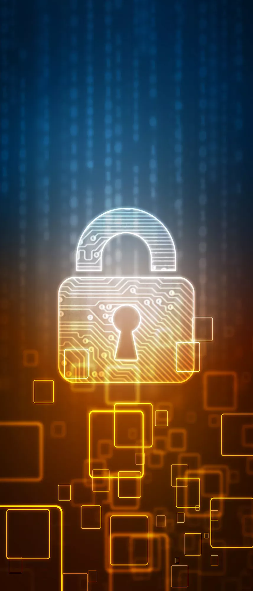 Icône de cadenas numérique lumineux avec des circuits électroniques sur fond de code binaire bleu et orange.