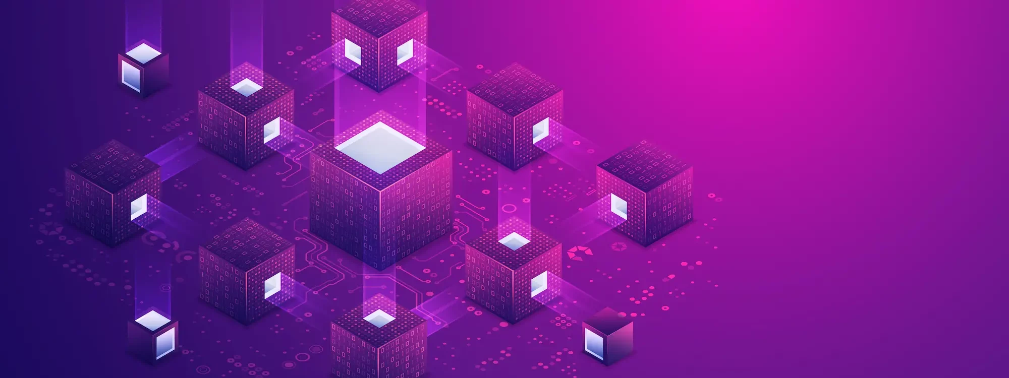 Illustration isométrique de blocs interconnectés symbolisant une technologie de blockchain sur fond violet