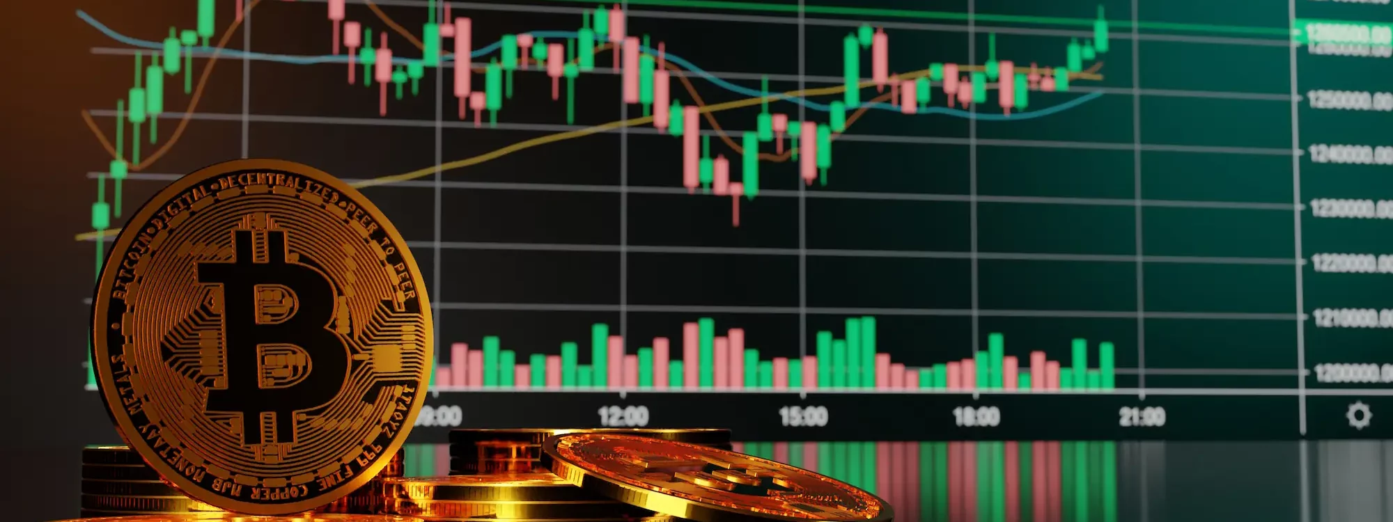 Pi&egrave;ce de bitcoin dor&eacute;e pos&eacute;e sur une table, avec un graphique boursier en arri&egrave;re-plan montrant des chandeliers et des courbes de tendance.