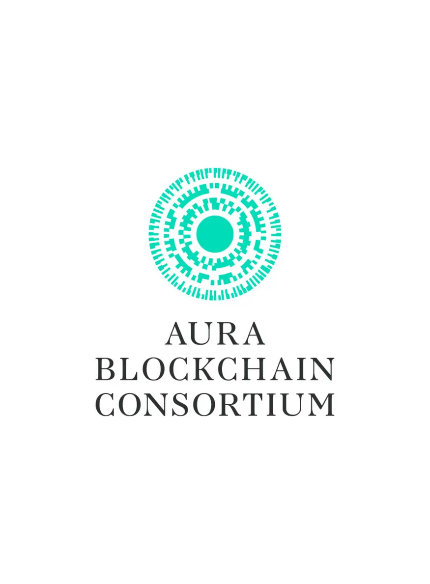 Logo du Aura Blockchain Consortium avec un design circulaire vert sur fond blanc.