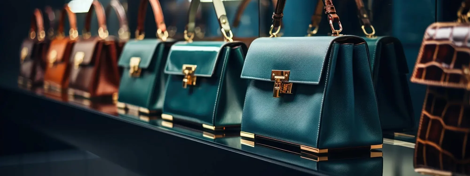 Collection de sacs &agrave; main &eacute;l&eacute;gants en cuir avec des finitions dor&eacute;es, expos&eacute;s sur une &eacute;tag&egrave;re dans une boutique haut de gamme.