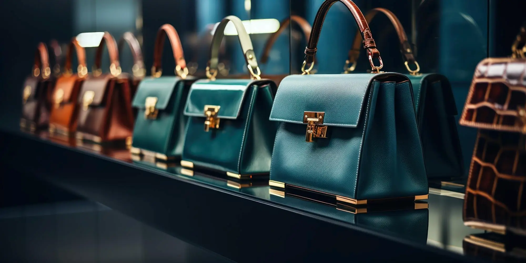 Collection de sacs à main élégants en cuir avec des finitions dorées, exposés sur une étagère dans une boutique haut de gamme.