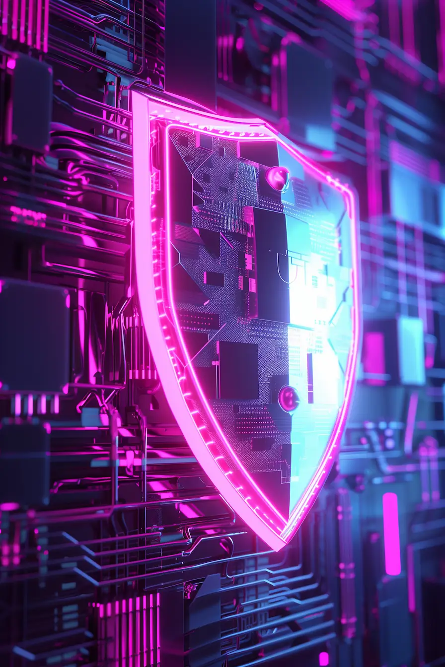 CYBER SECURITY CONCEPT DIGITAL ART | Cekome Bouclier numérique lumineux rose représentant la cybersécurité sur un fond de circuits électroniques.