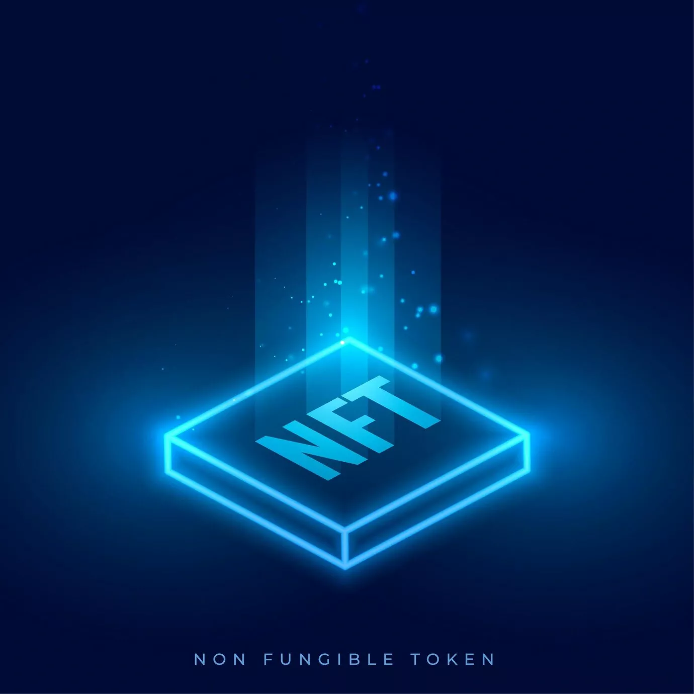 Illustration futuriste d'un cube lumineux avec l'inscription "NFT" en bleu sur un fond sombre.