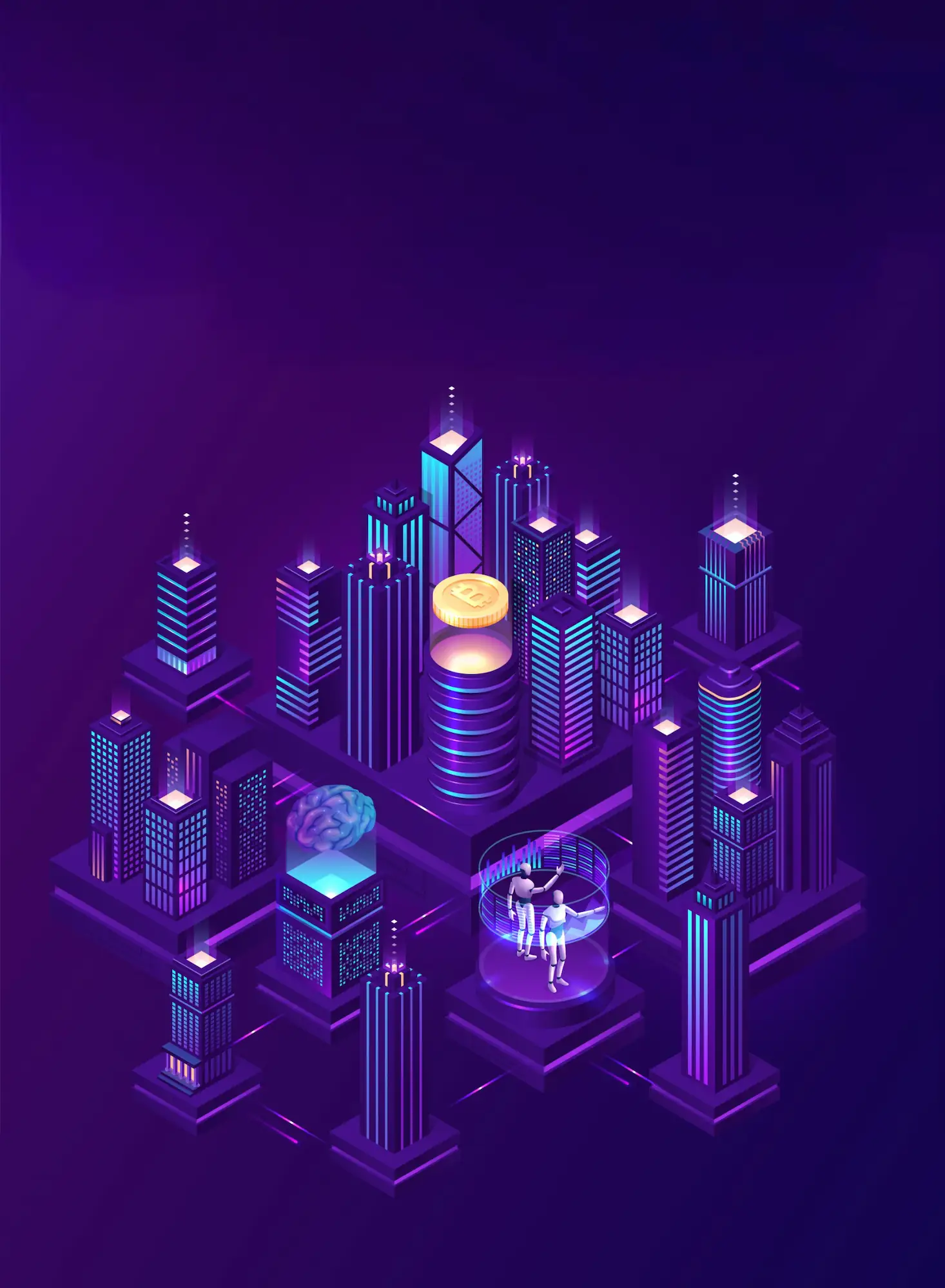 FREEPIK__RETOUCH__89519 | Cekome Illustration isométrique futuriste d'une ville numérique avec des gratte-ciels illuminés, une pièce de monnaie dorée et des personnages en hologramme.