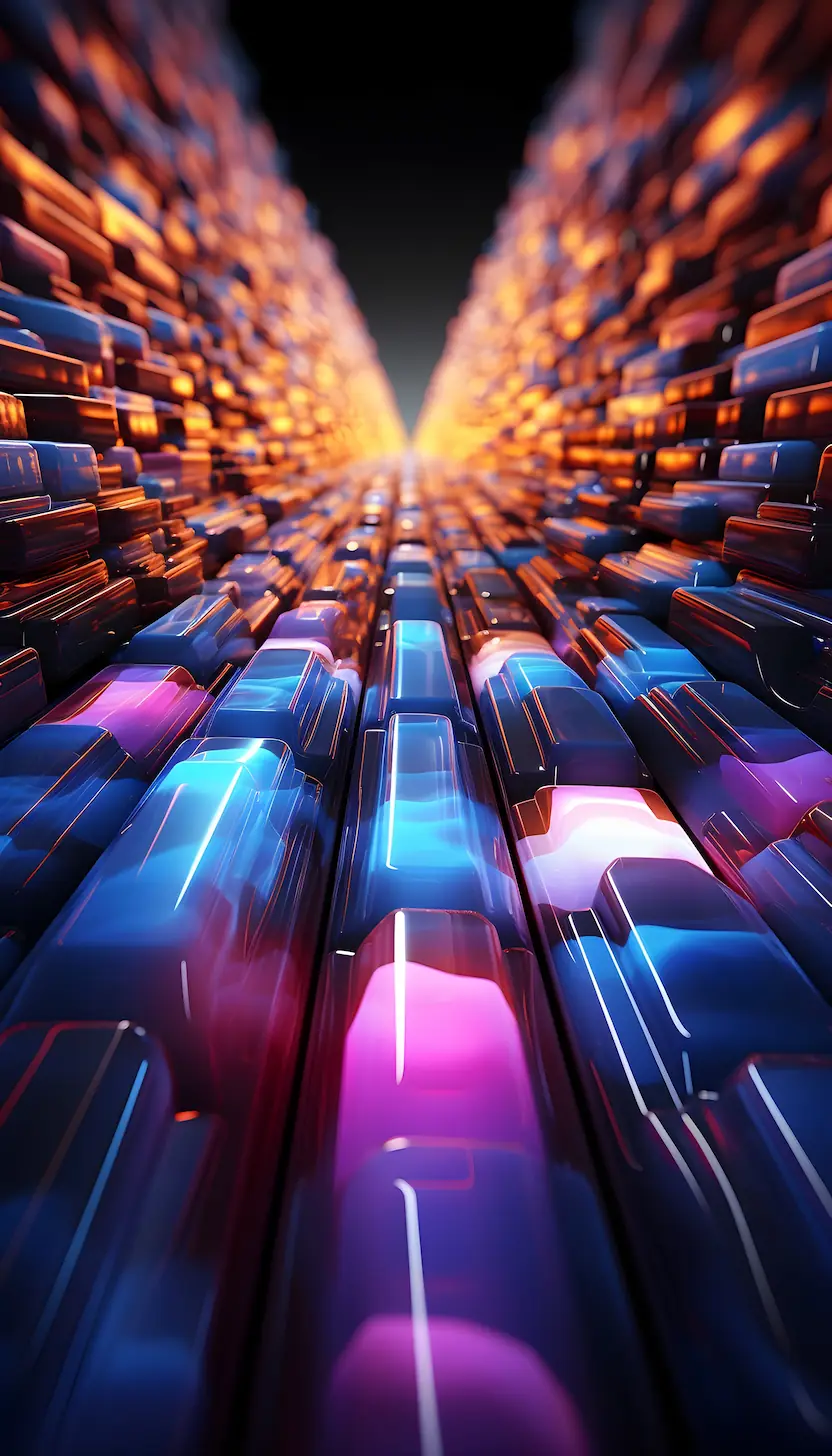 Perspective futuriste d’un chemin numérique lumineux composé de blocs colorés bleu, rose et orange.