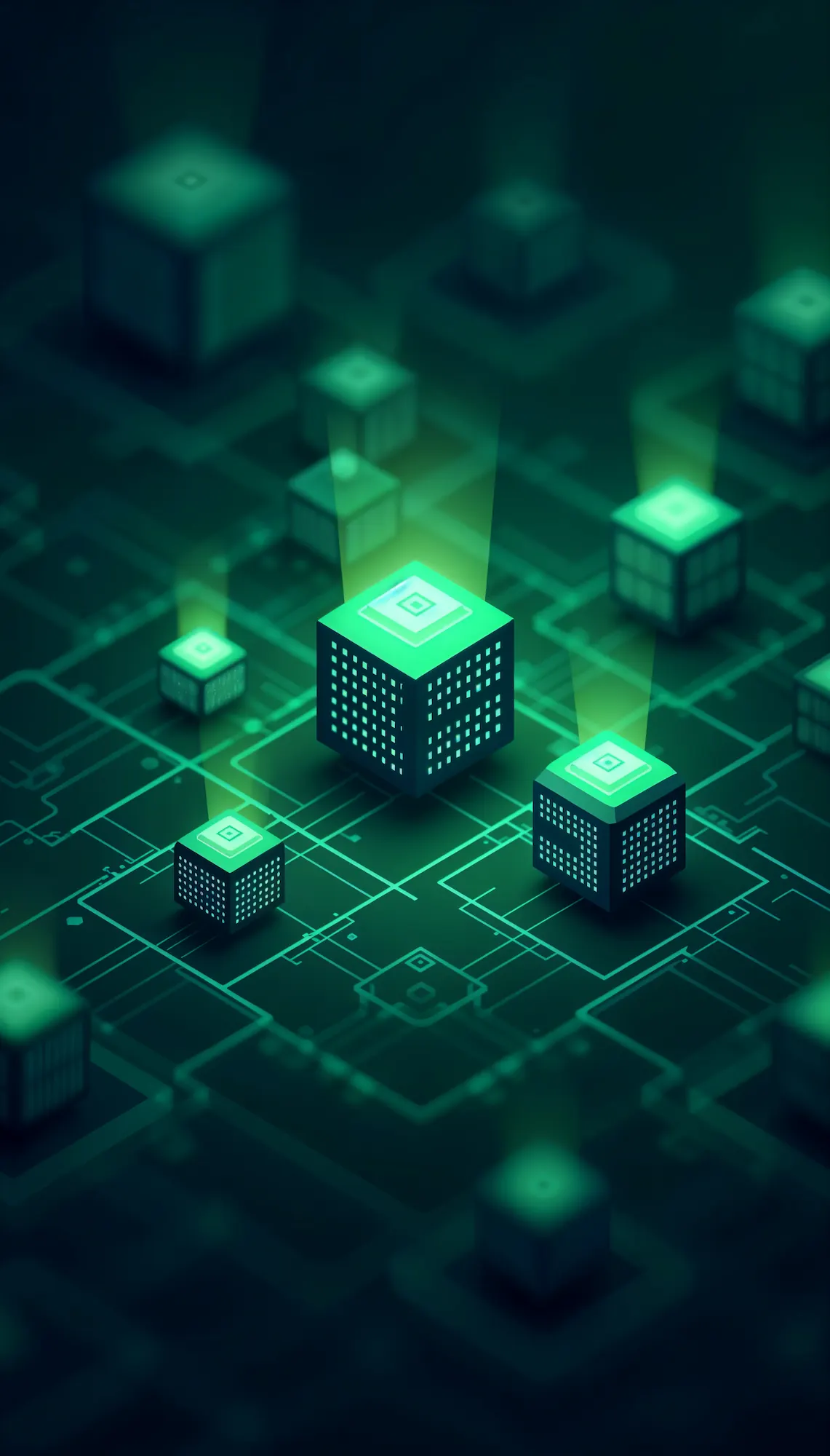 Illustration de cubes numériques connectés sur un fond vert, représentant la technologie blockchain et les réseaux décentralisés.