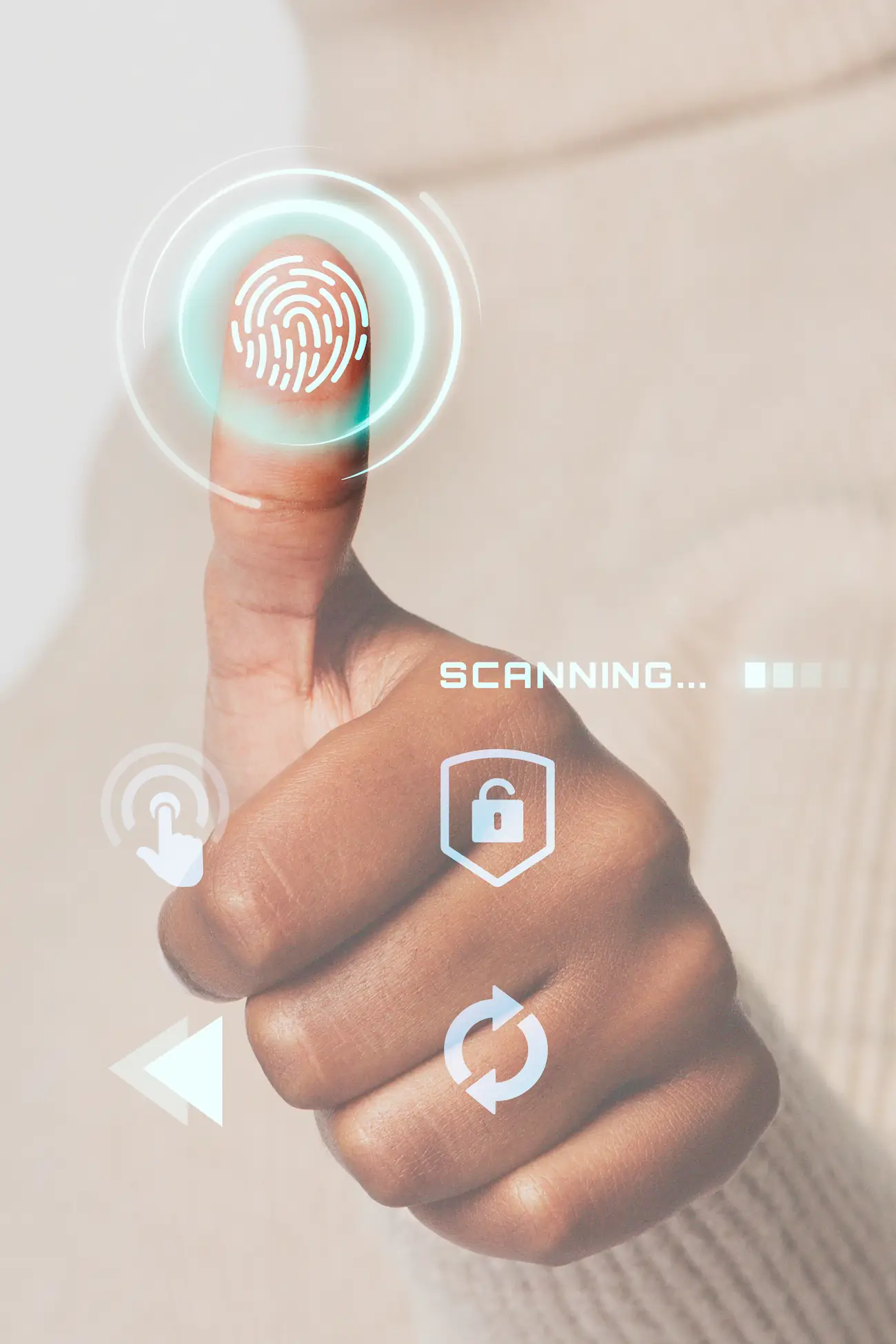 WOMAN SCANNING FINGERPRINT WITH FUTURISTIC INTERFACE SMART TECHNOLOGY | Cekome Empreinte digitale sur un pouce scannée avec des éléments graphiques de sécurité numérique.