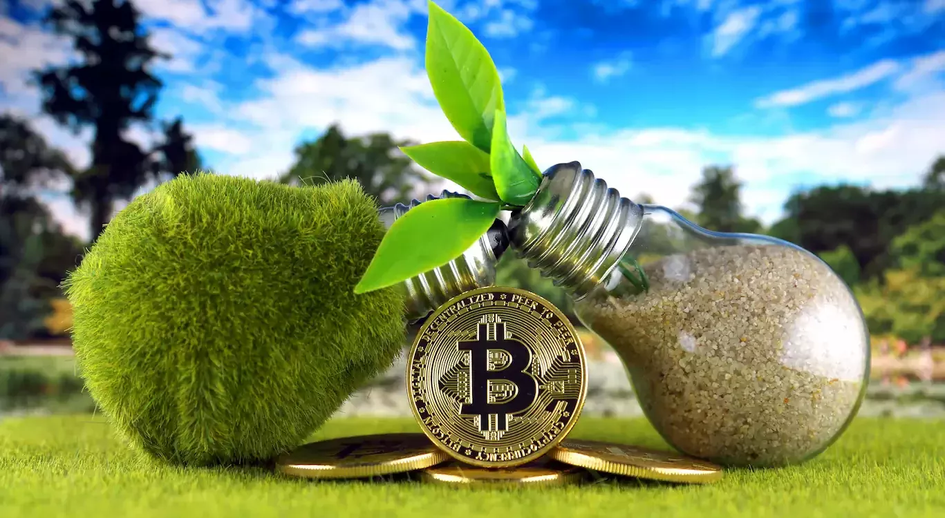 Pièce de bitcoin entourée d'une ampoule remplie de sable et d'une autre recouverte de mousse verte, avec une pousse verte, sur fond de nature et ciel bleu.