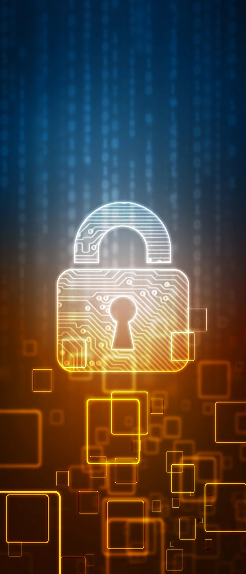 ADOBESTOCK_296898103 | Cekome Icône de cadenas numérique lumineux avec des circuits électroniques sur fond de code binaire bleu et orange.