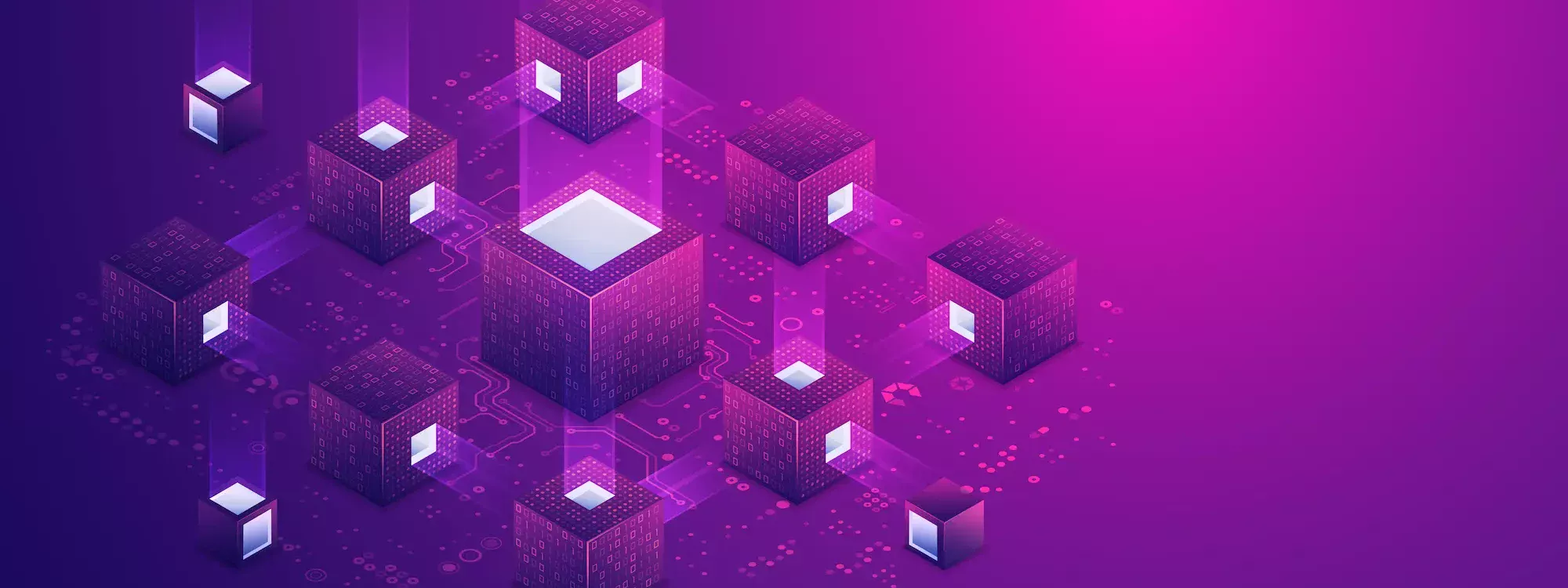 Illustration isométrique de blocs interconnectés symbolisant une technologie de blockchain sur fond violet
