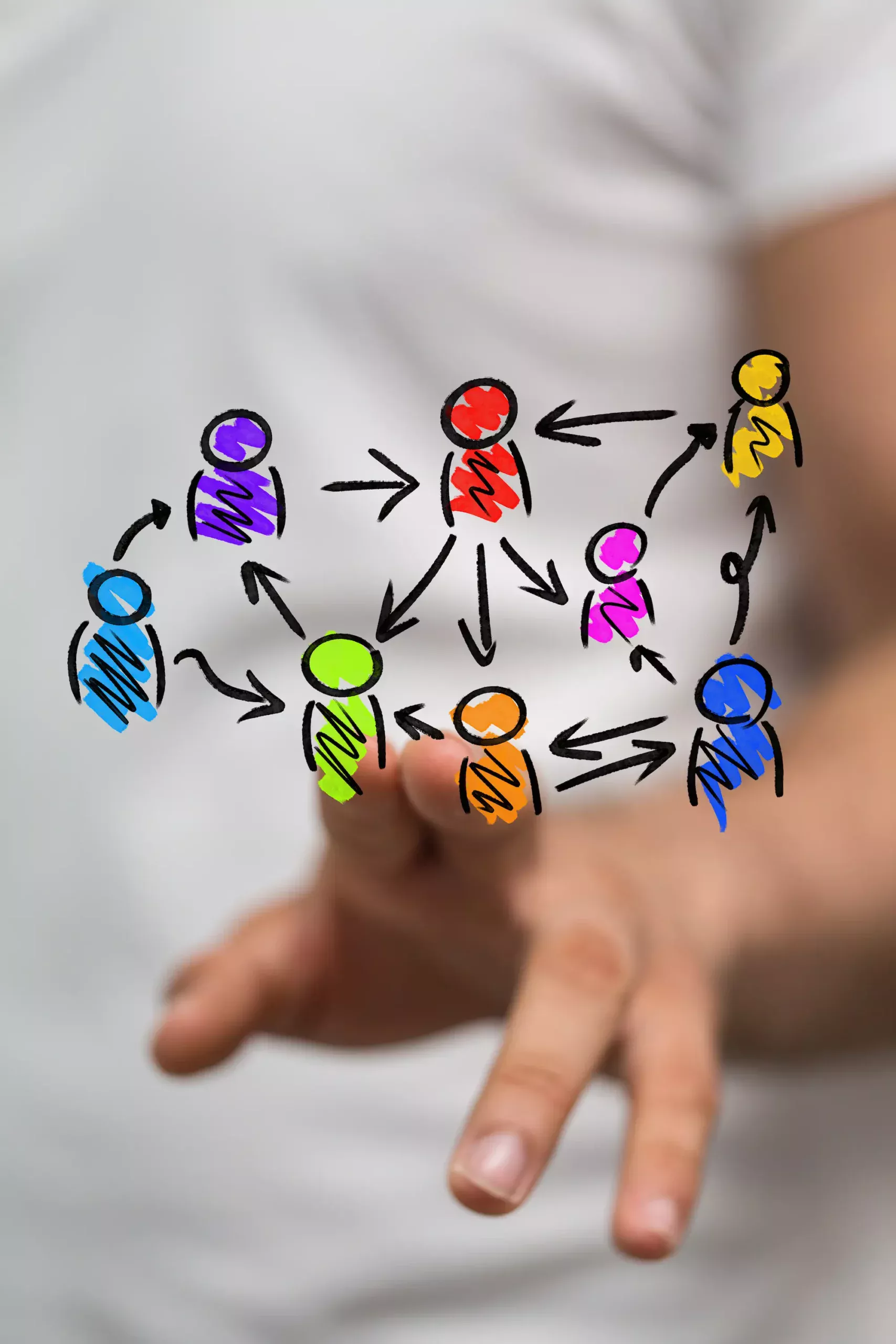 ADOBESTOCK_317518637 SCALED | Cekome Schéma de personnes colorées connectées par des flèches avec une main pointant dessus